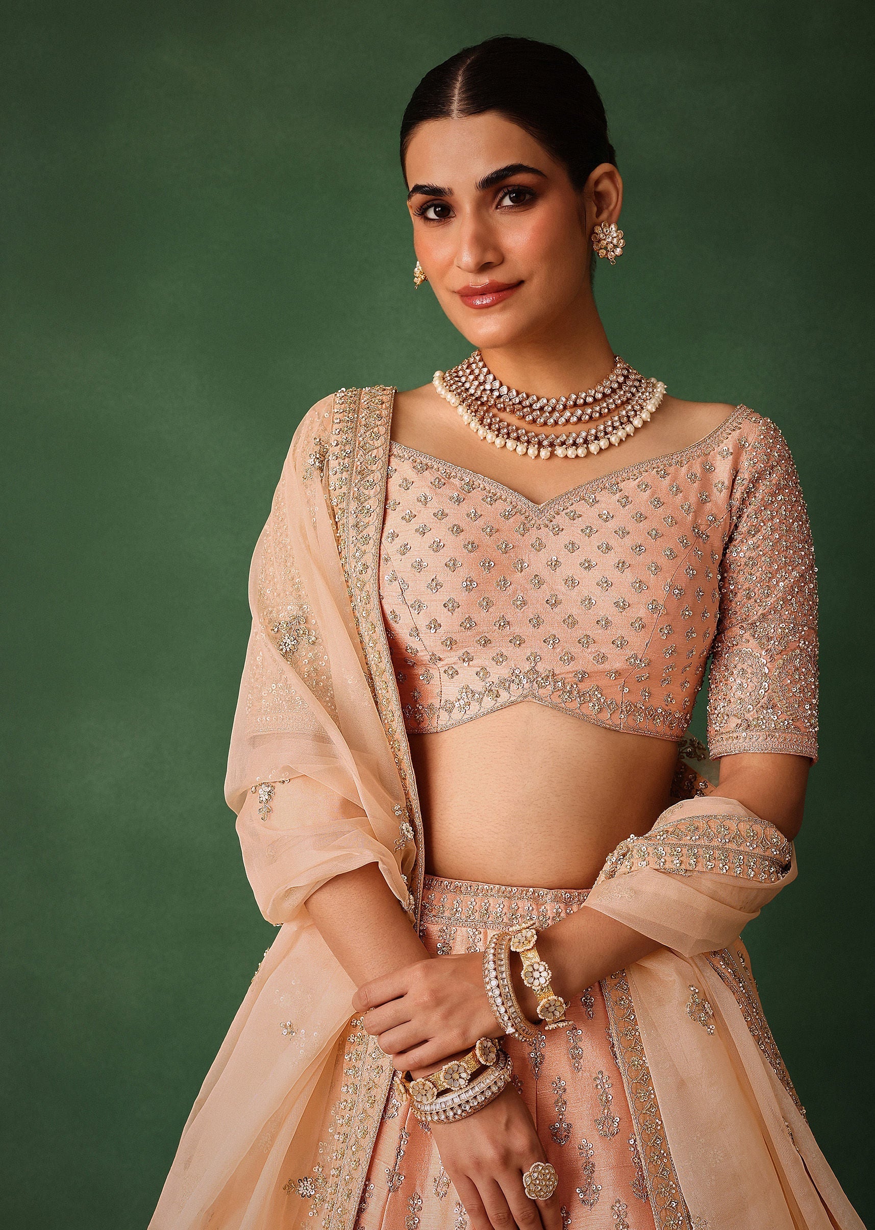 Peach Hand Embroidered Raw Silk Lehenga Set With Butti Work - Image 5