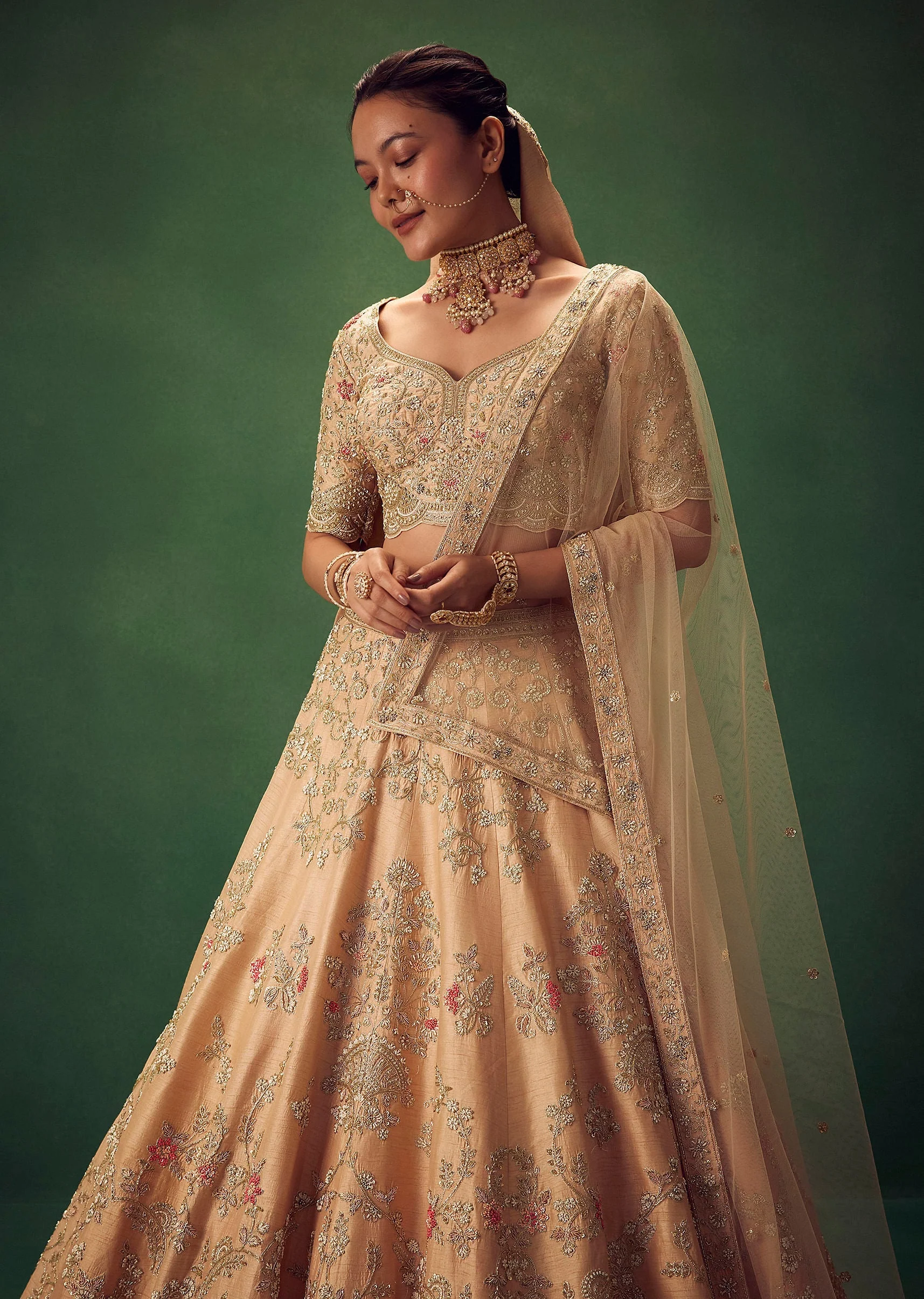 Peach Hand Embroidered Sequin And Zari Work Lehenga Set - Image 5