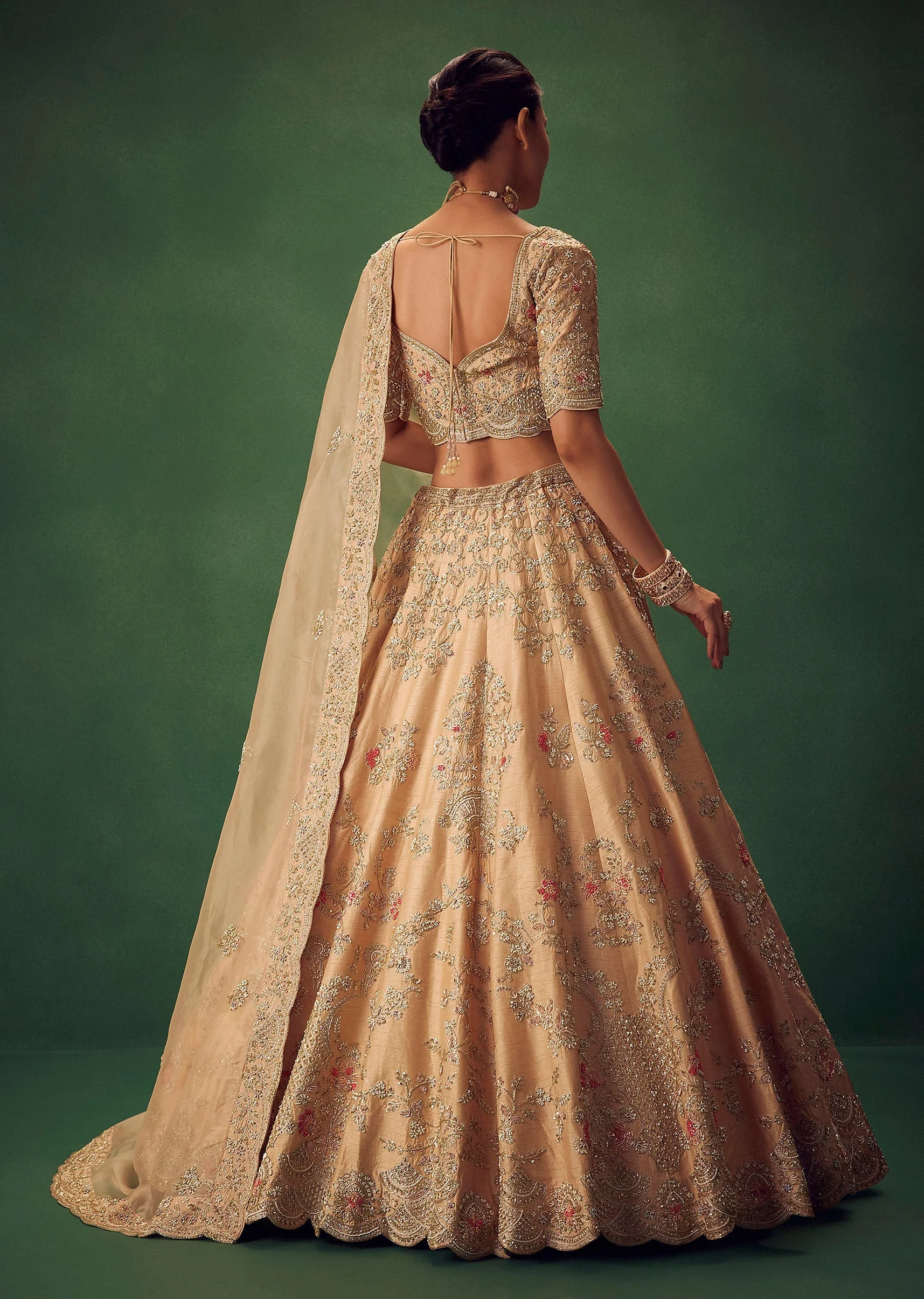 Peach Hand Embroidered Sequin And Zari Work Lehenga Set - Image 6
