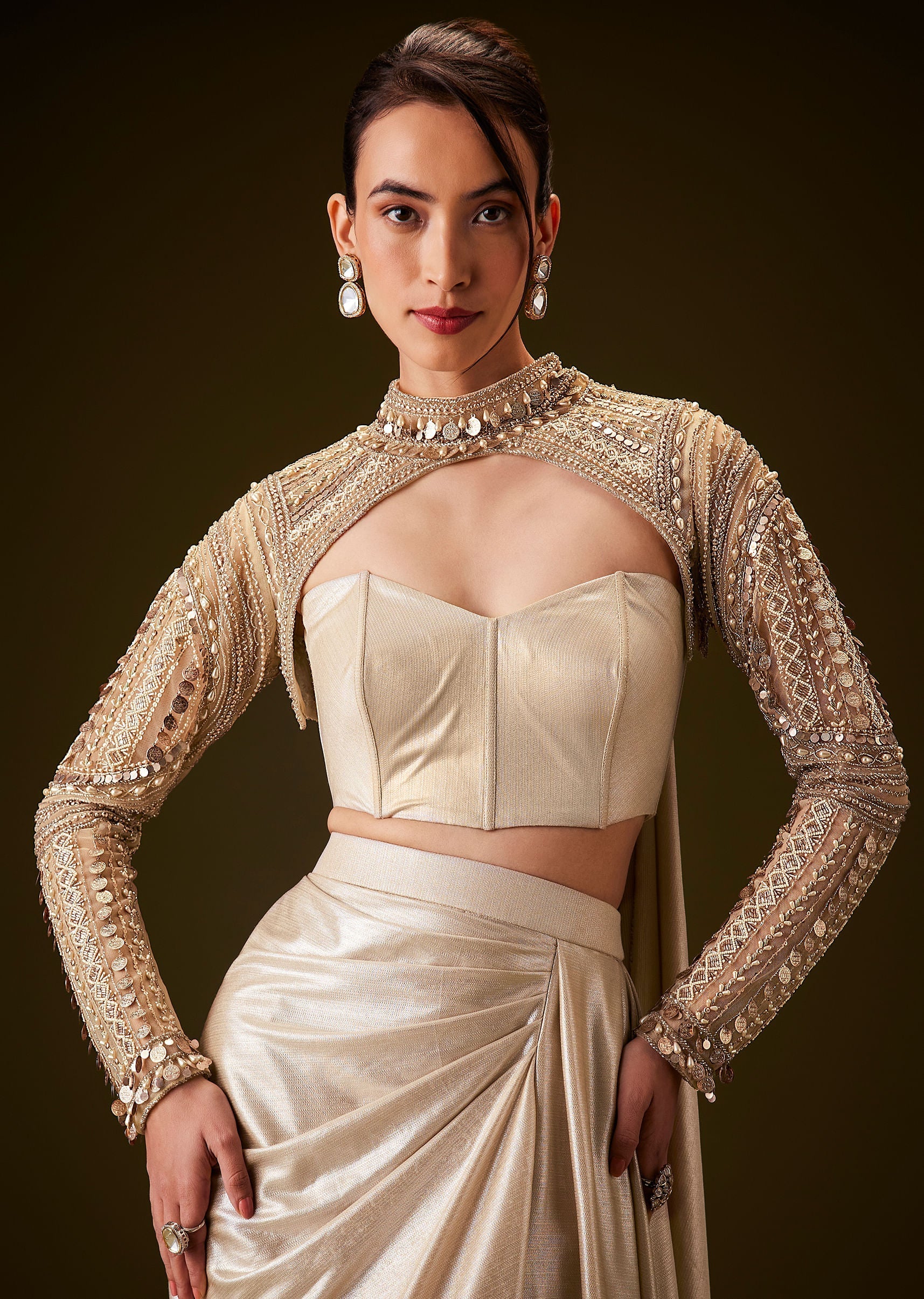 Peach Hand Embroidered Skirt Set With Cape - Image 2