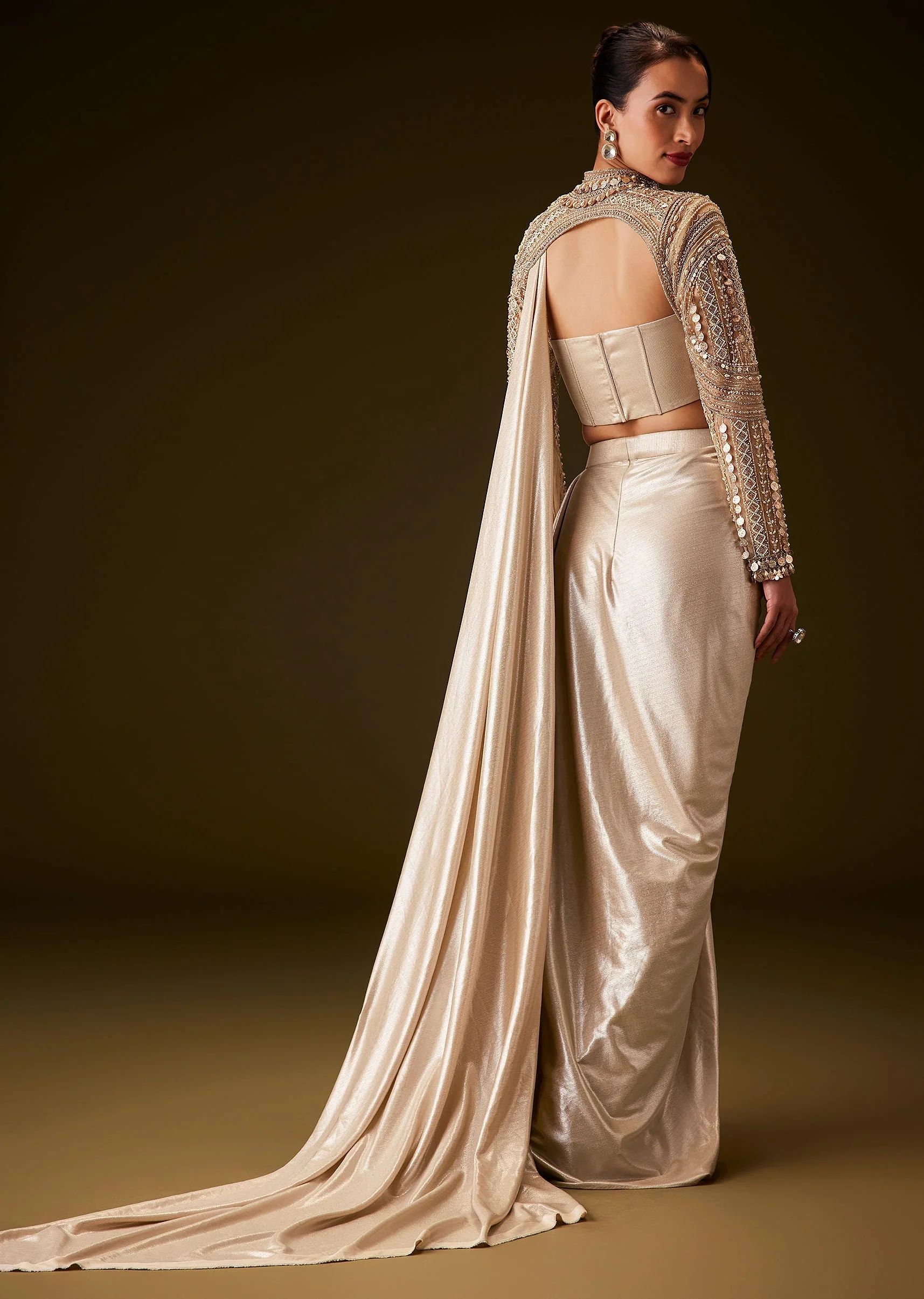 Peach Hand Embroidered Skirt Set With Cape - Image 5