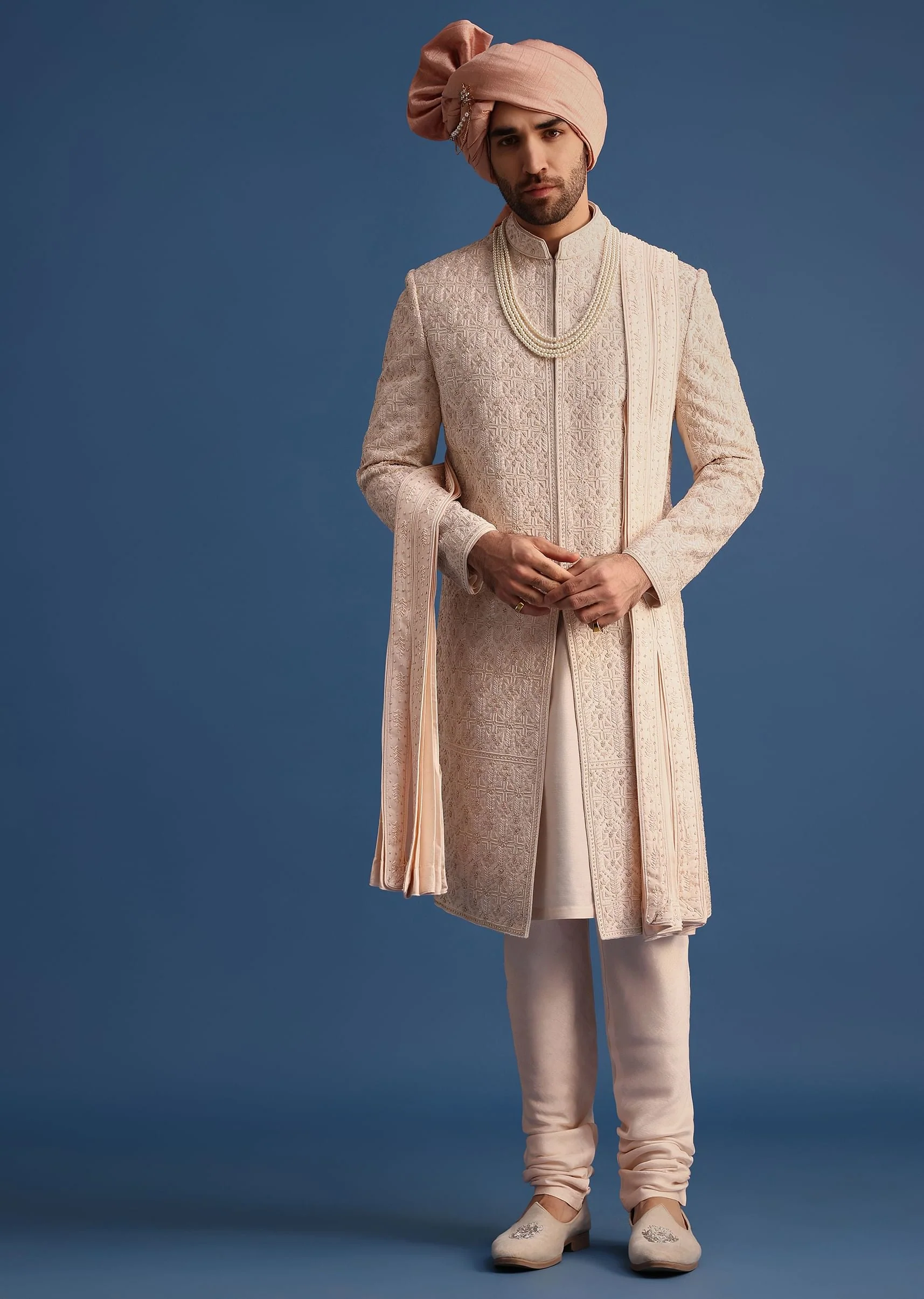 Peach Heavy Hand Embroidered Sherwani Suit - Image 3