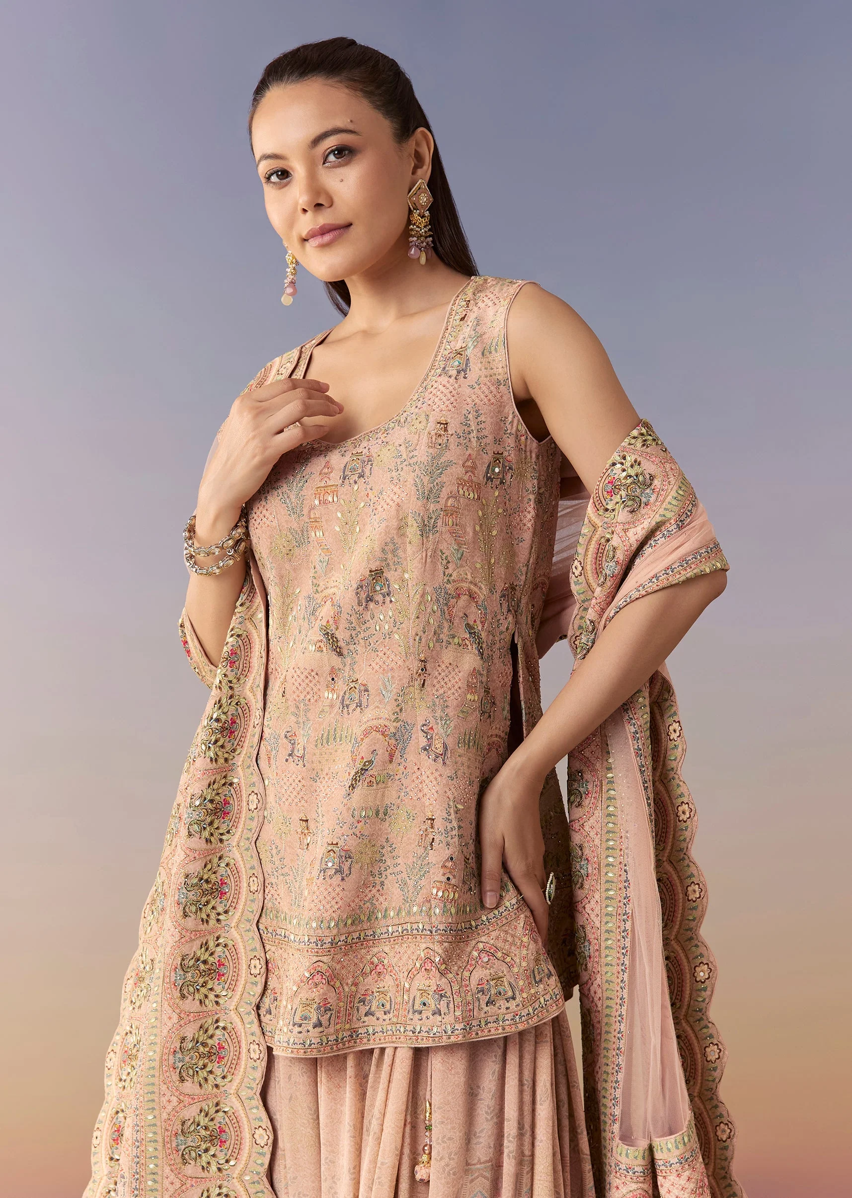 Peach Indie Printed Palazzo Set With Dupatta - Image 4