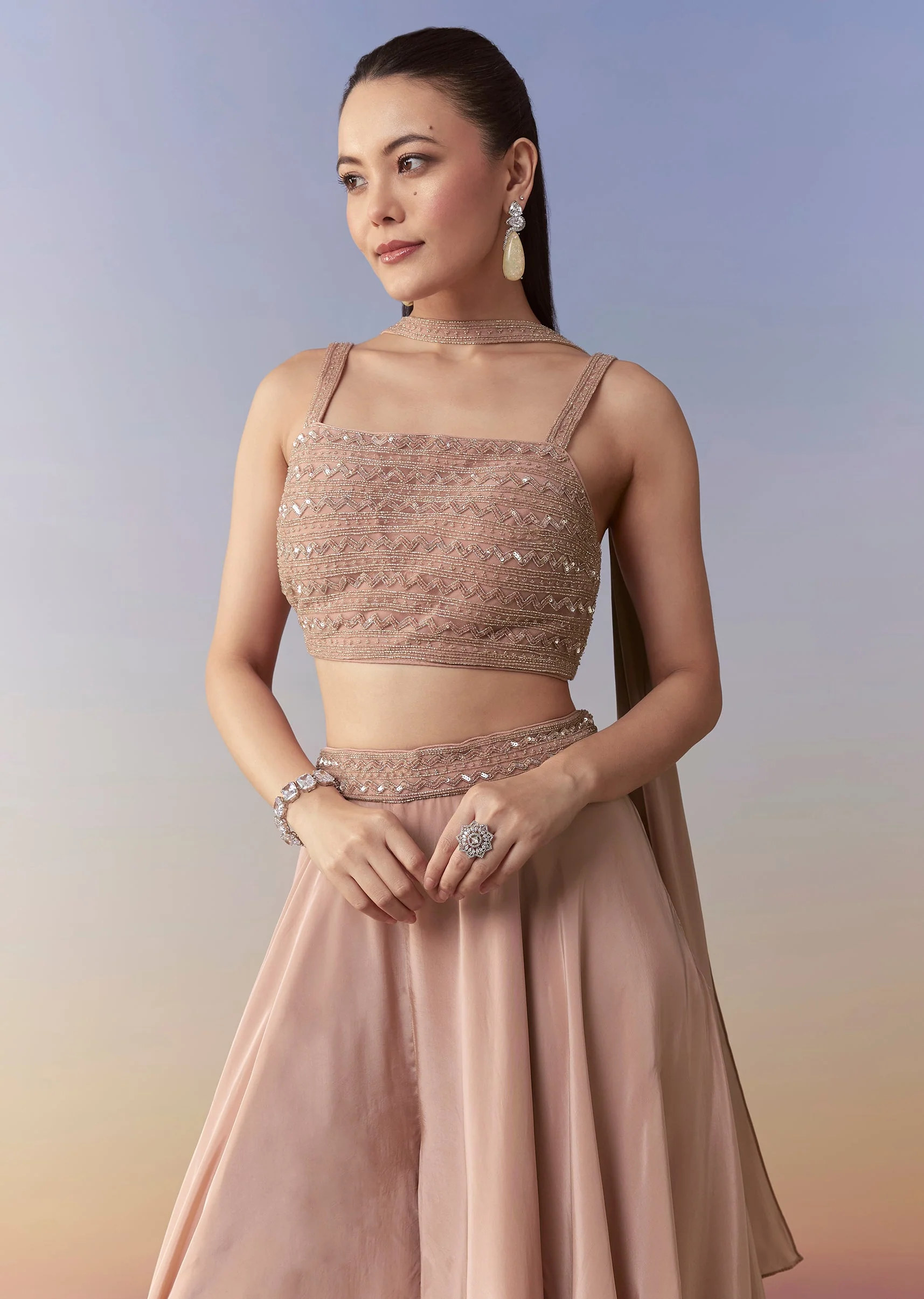 Peach Indo Fusion Crop Top Palazzo and Dupatta Set - Image 3