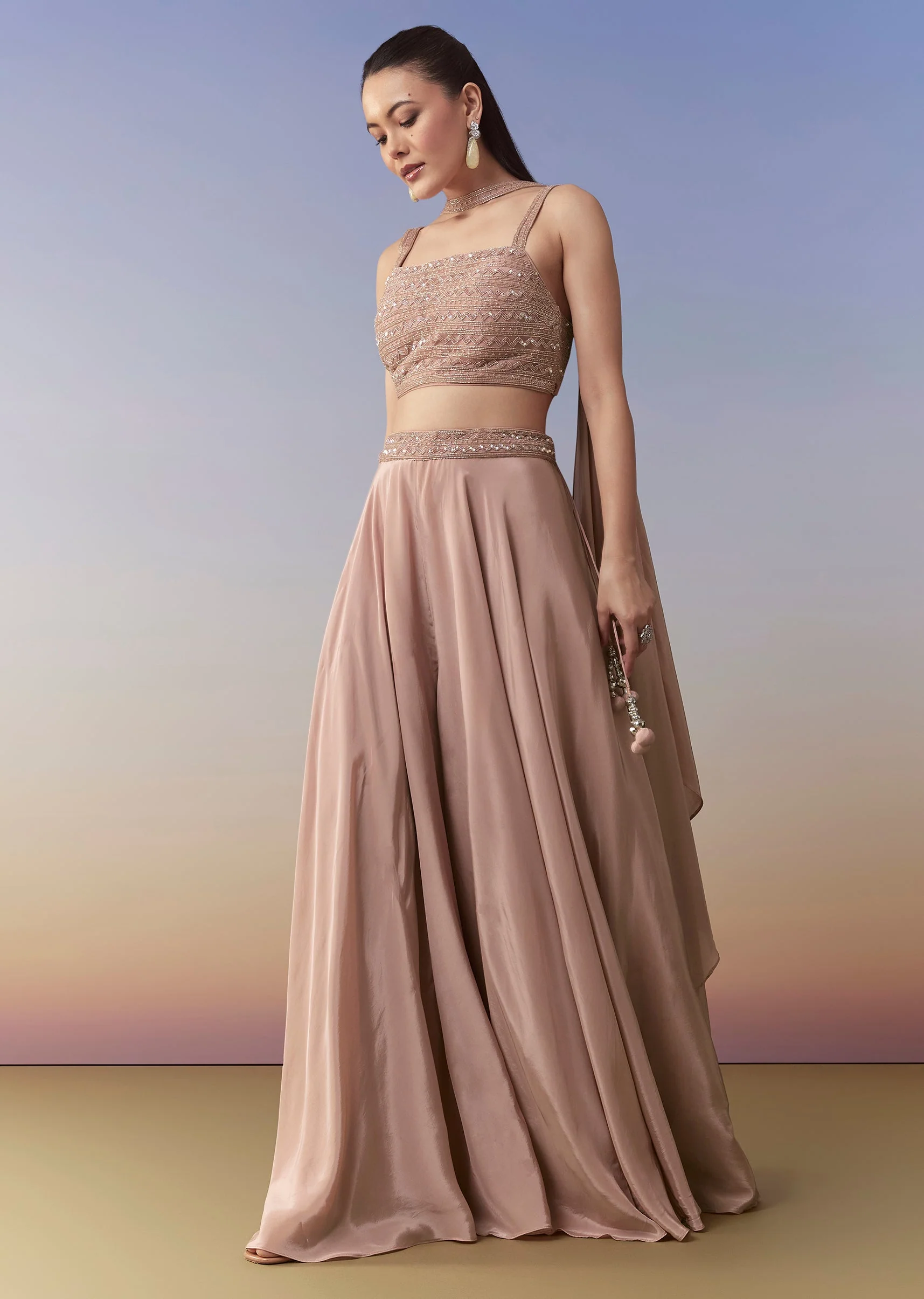 Peach Indo Fusion Crop Top Palazzo and Dupatta Set - Image 4