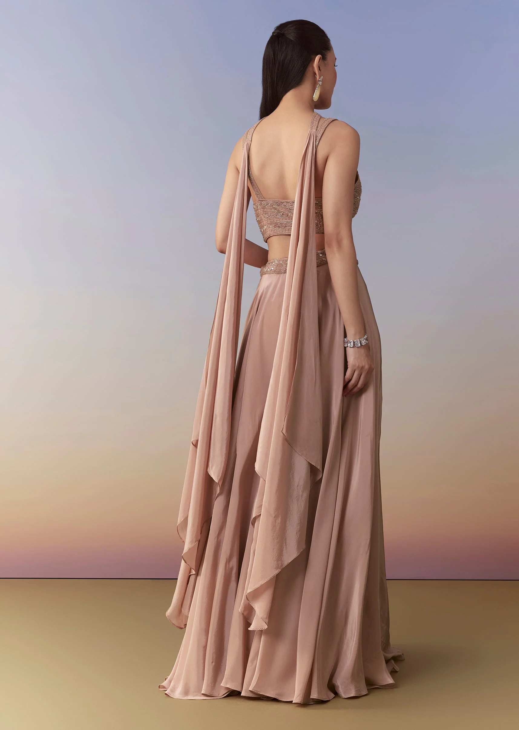 Peach Indo Fusion Crop Top Palazzo and Dupatta Set - Image 5