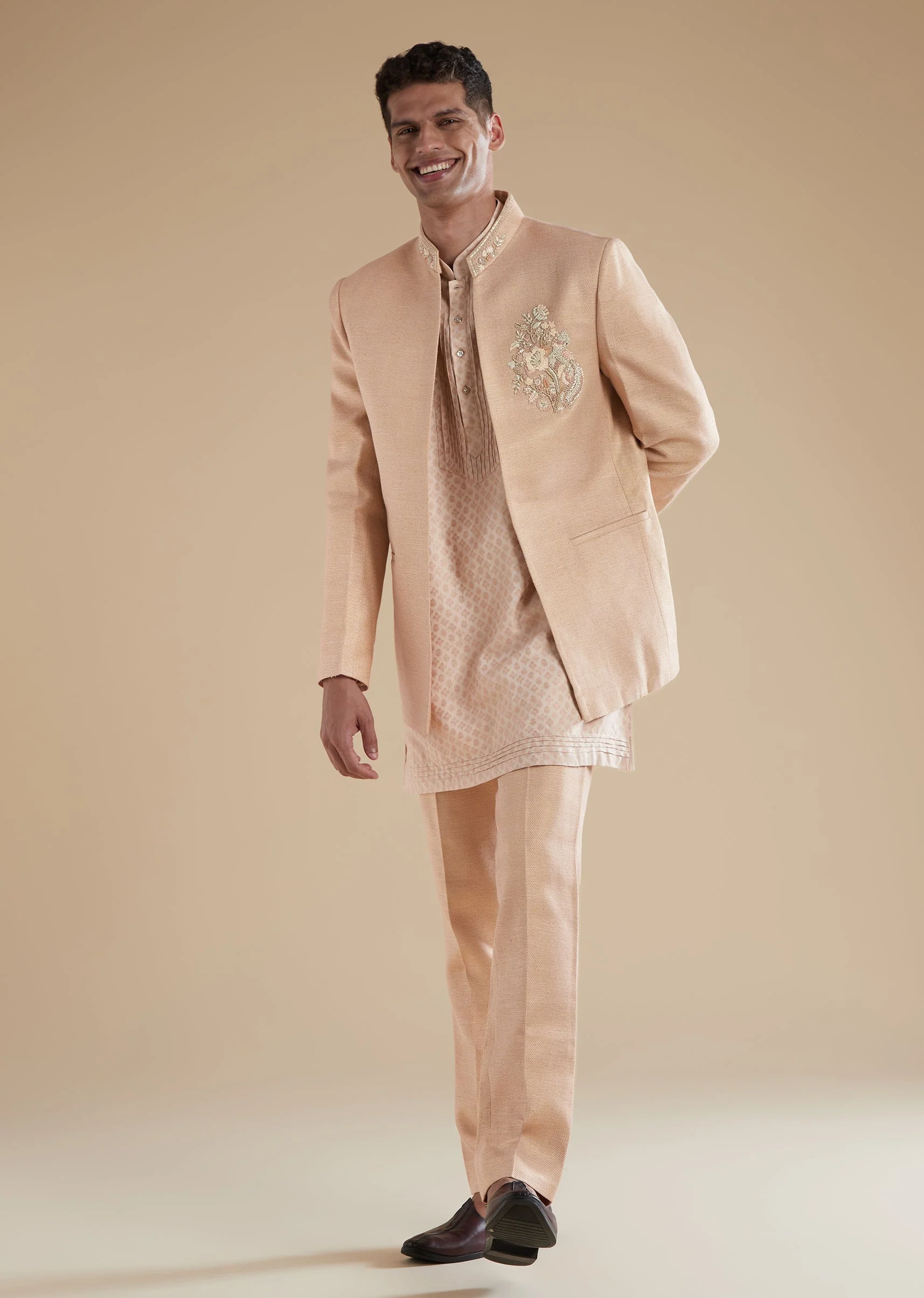 Peach Indowestern Set With French Knot Sequins Cut Dana Work - Image 3