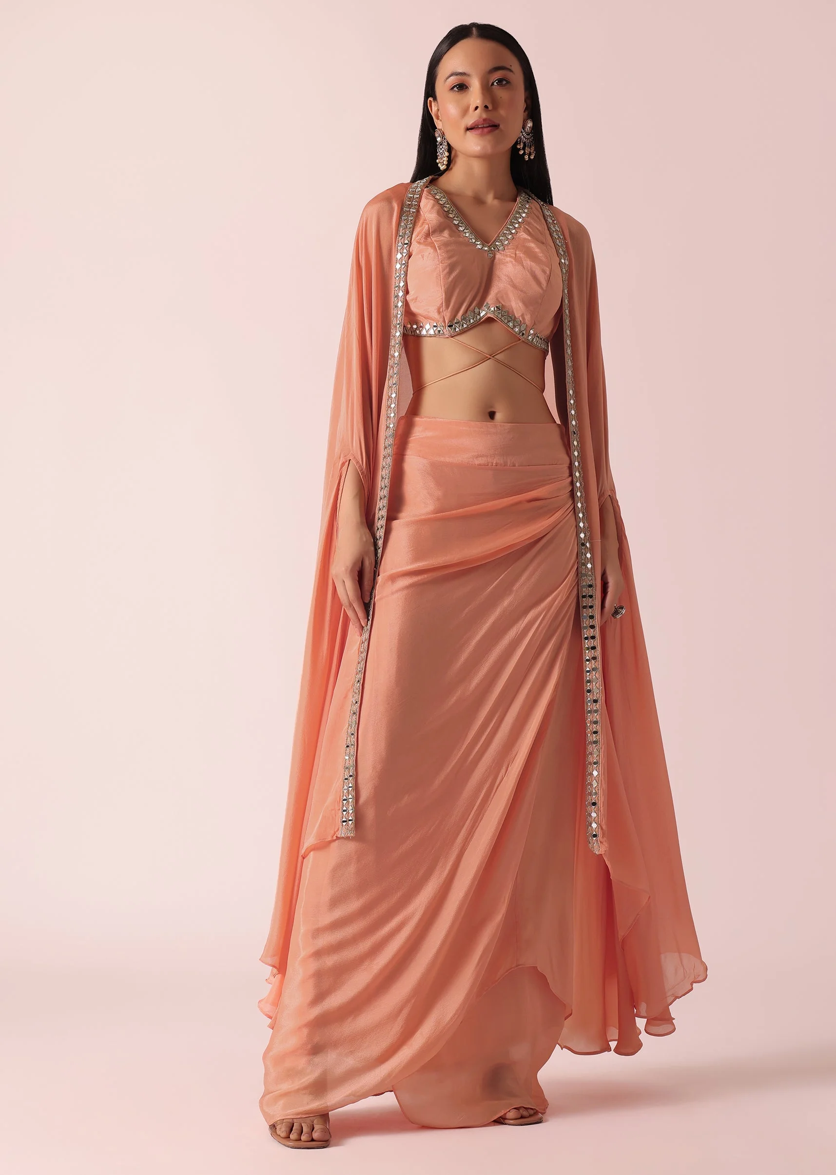 Peach Jacket And Dhoti Set With Mirror Work - Image 3
