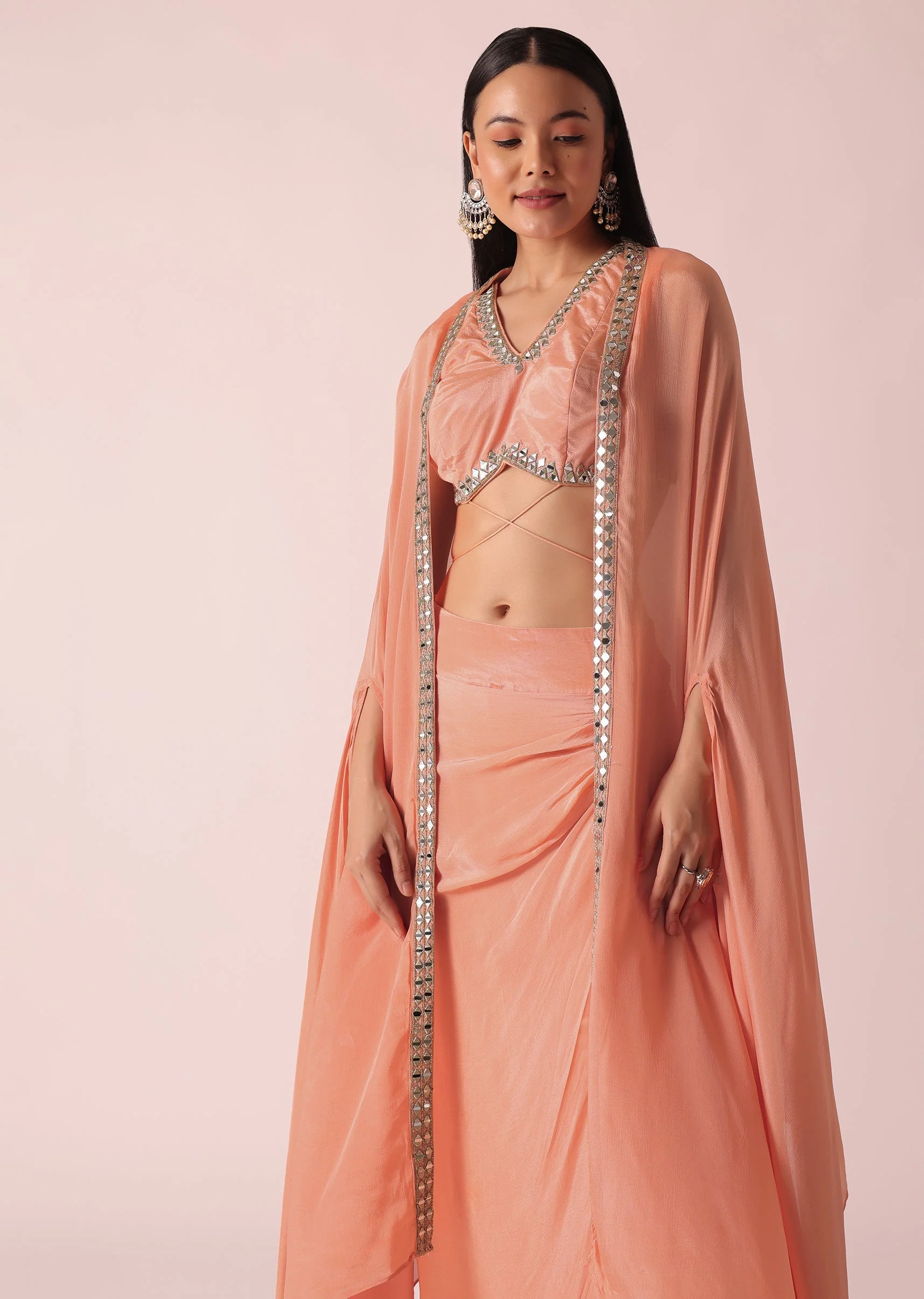 Peach Jacket And Dhoti Set With Mirror Work - Image 4