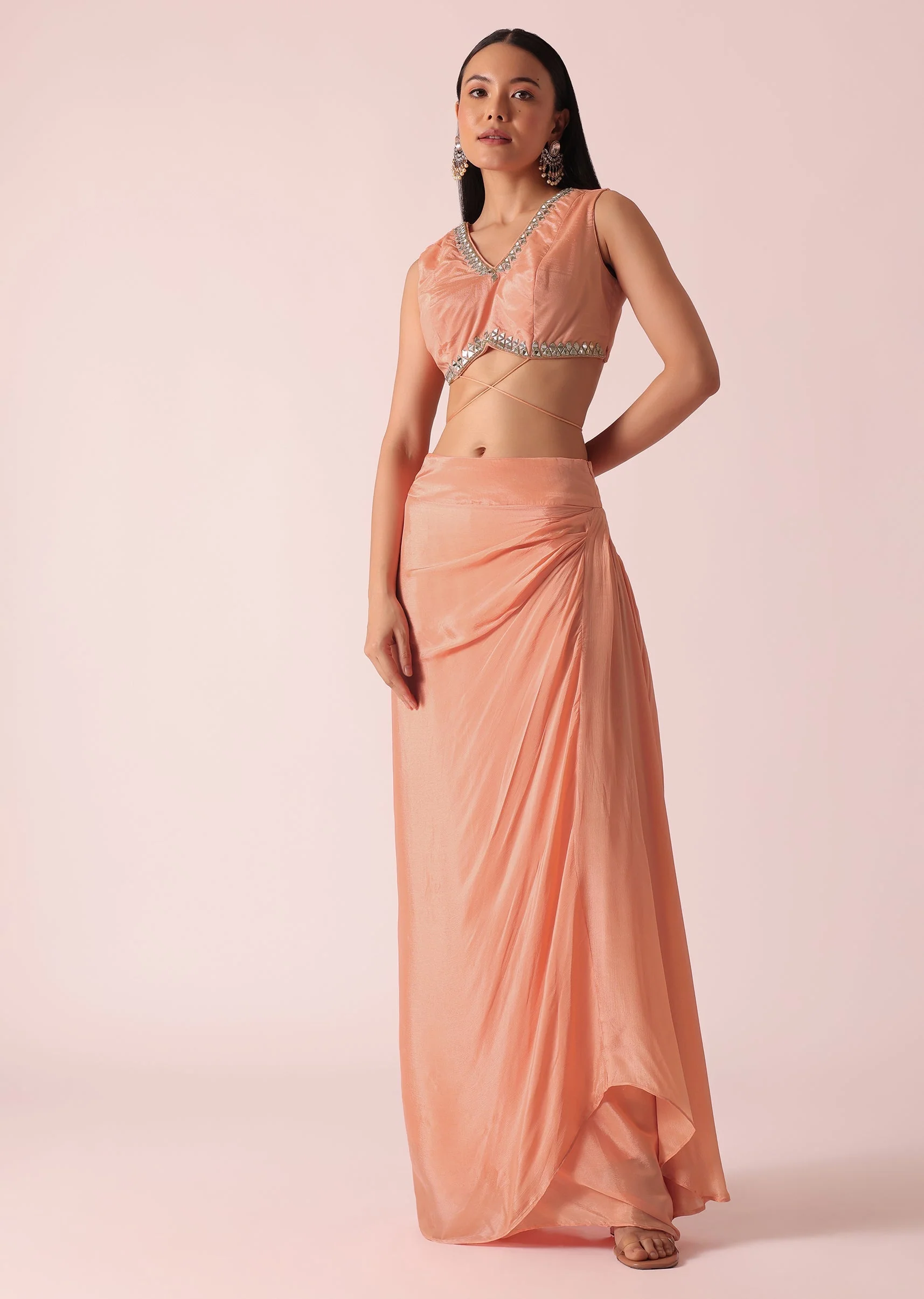 Peach Jacket And Dhoti Set With Mirror Work - Image 6