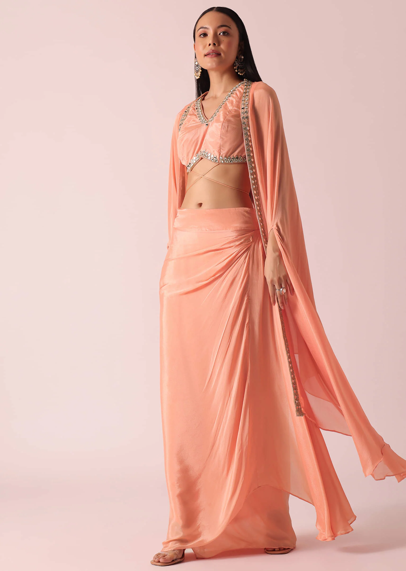 Peach Jacket And Dhoti Set With Mirror Work - Image 9