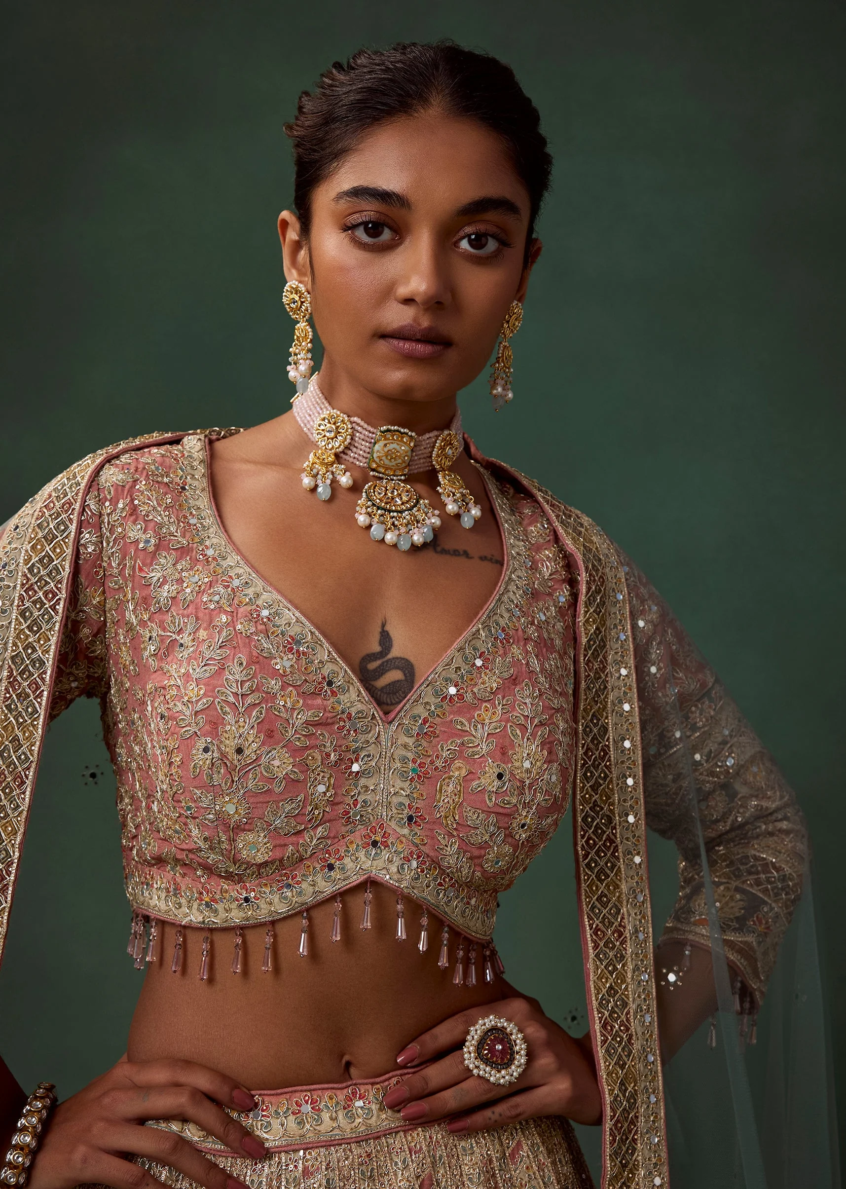 Peach Kali Bridal Lehenga Set with Cutdana Work - Image 3