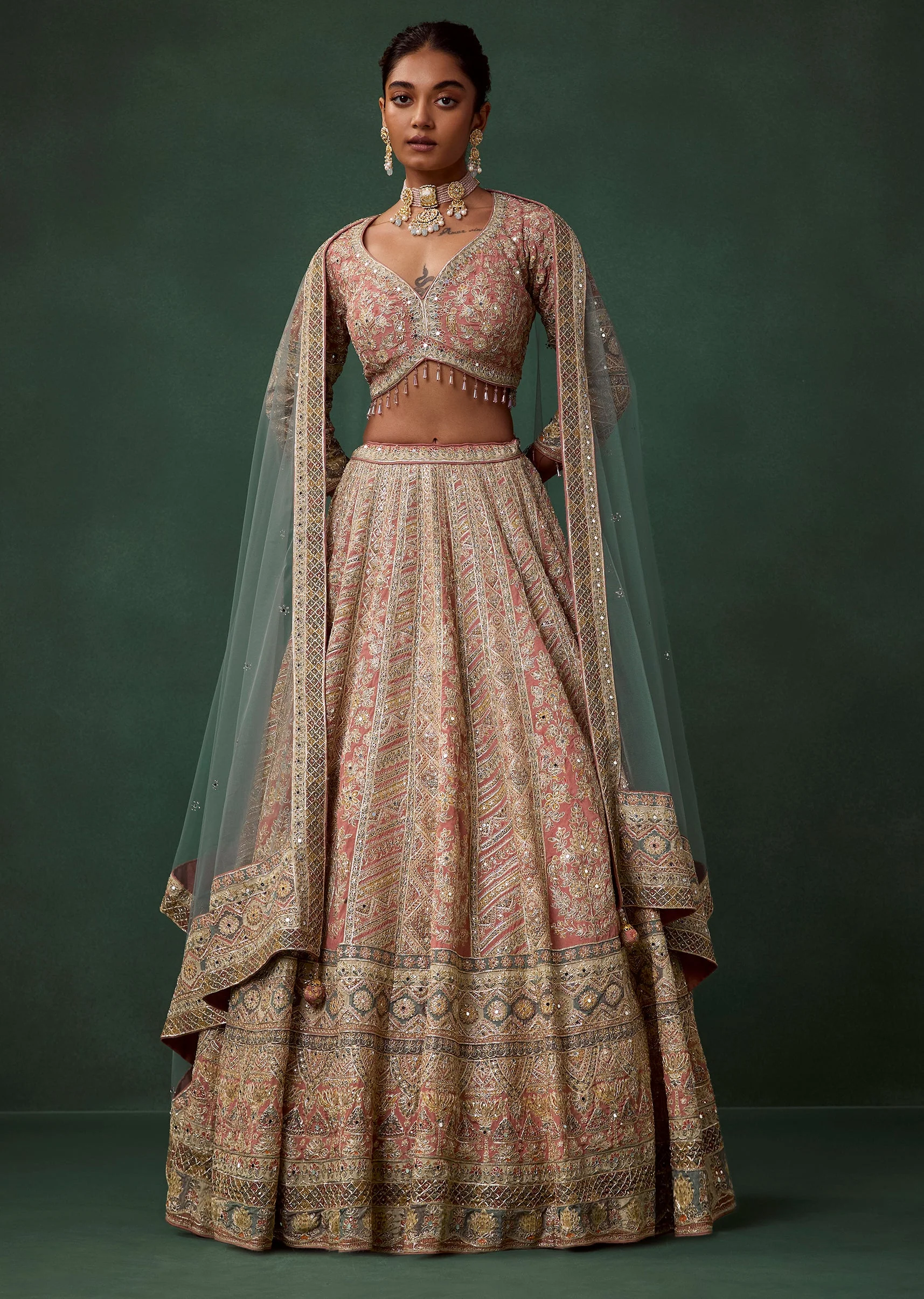 Peach Kali Bridal Lehenga Set with Cutdana Work - Image 4