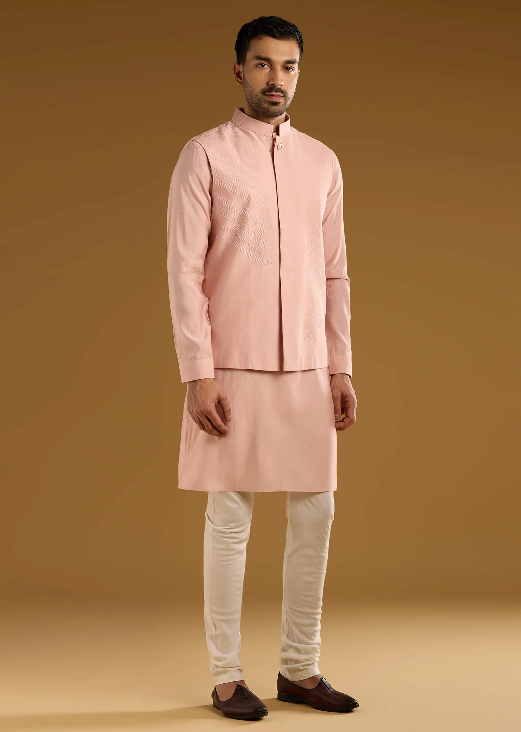 Peach Kurta Jacket Set For Men With Thread Embroidery