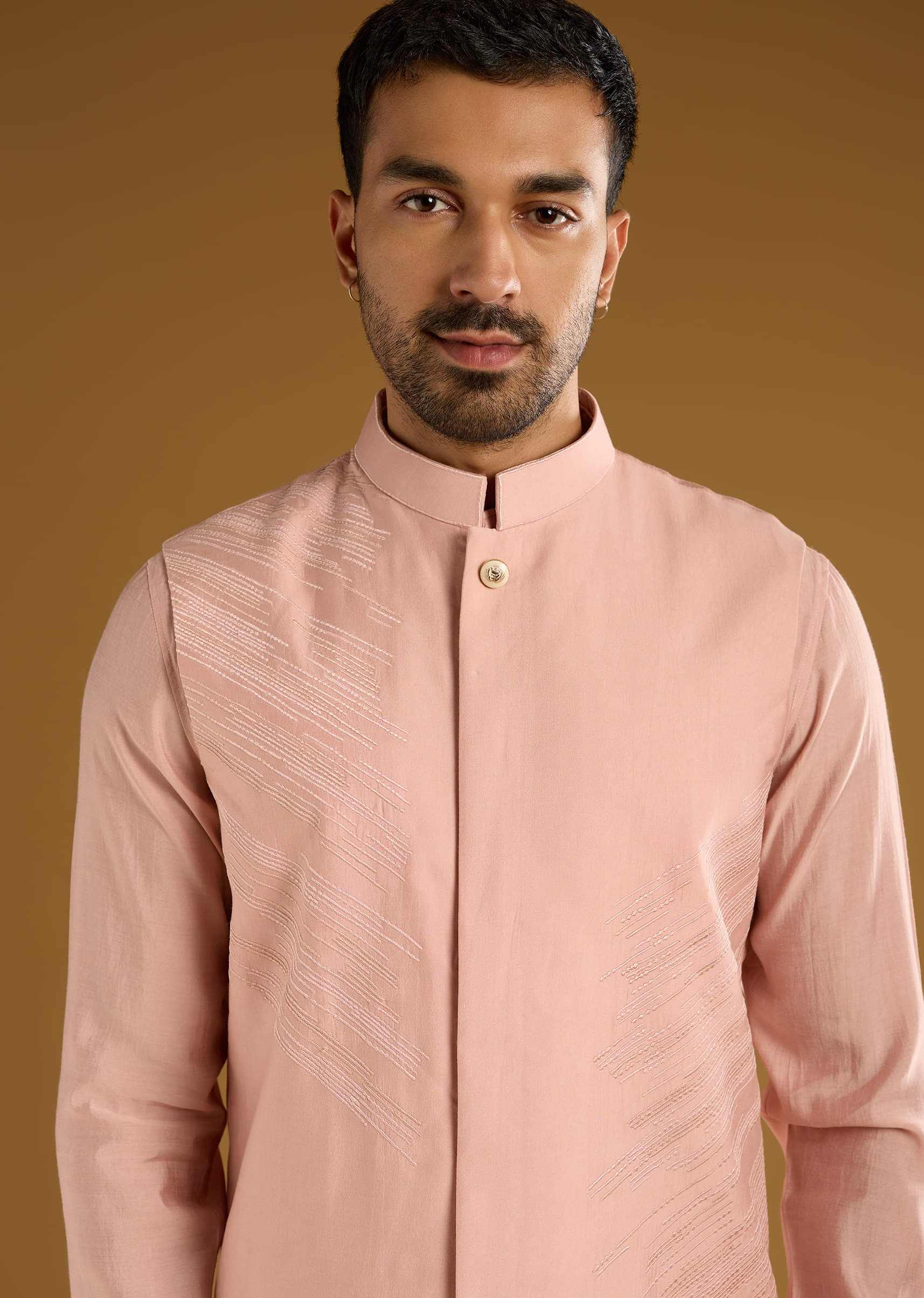 Peach Kurta Jacket Set For Men With Thread Embroidery - Image 2