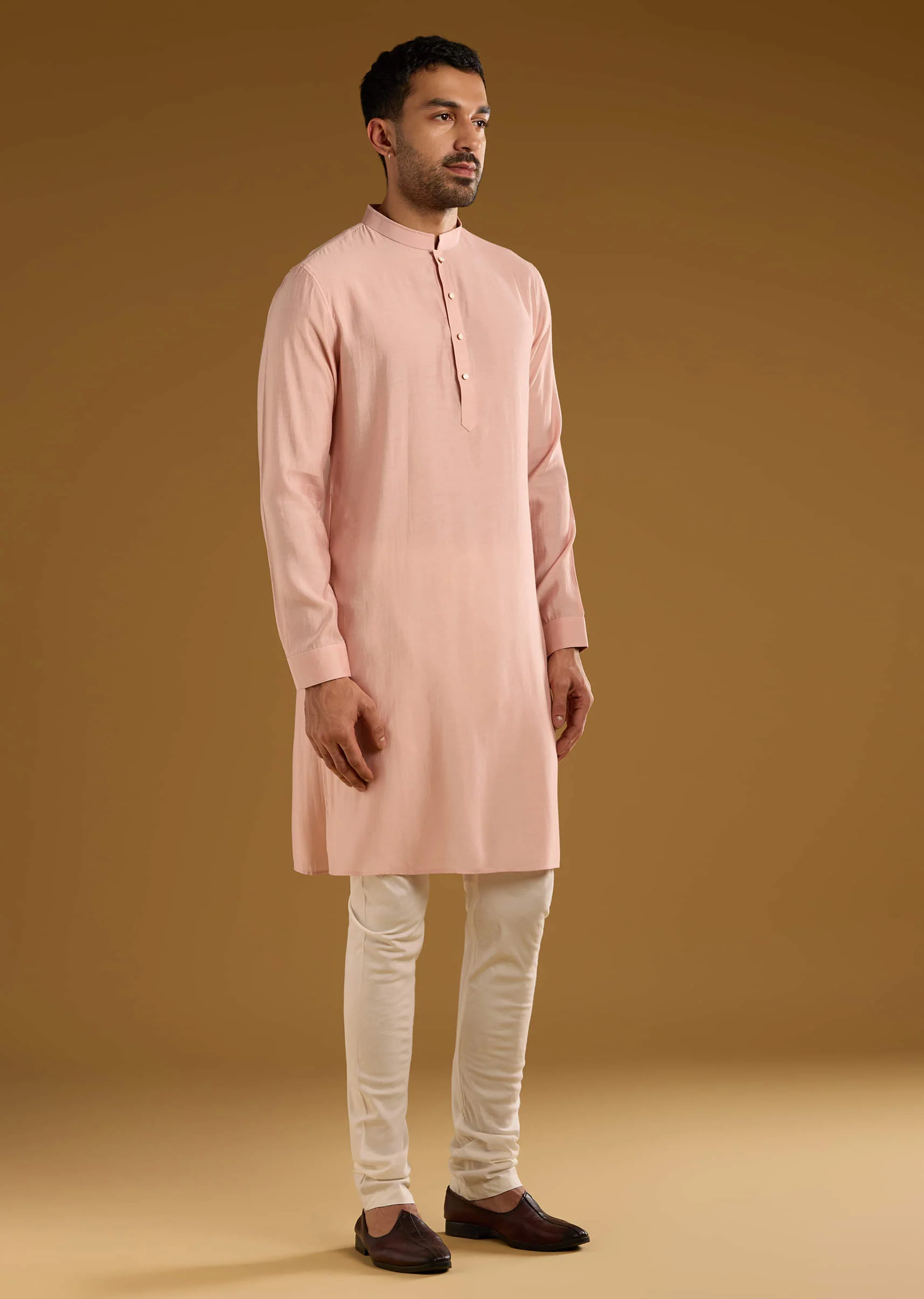 Peach Kurta Jacket Set For Men With Thread Embroidery - Image 6