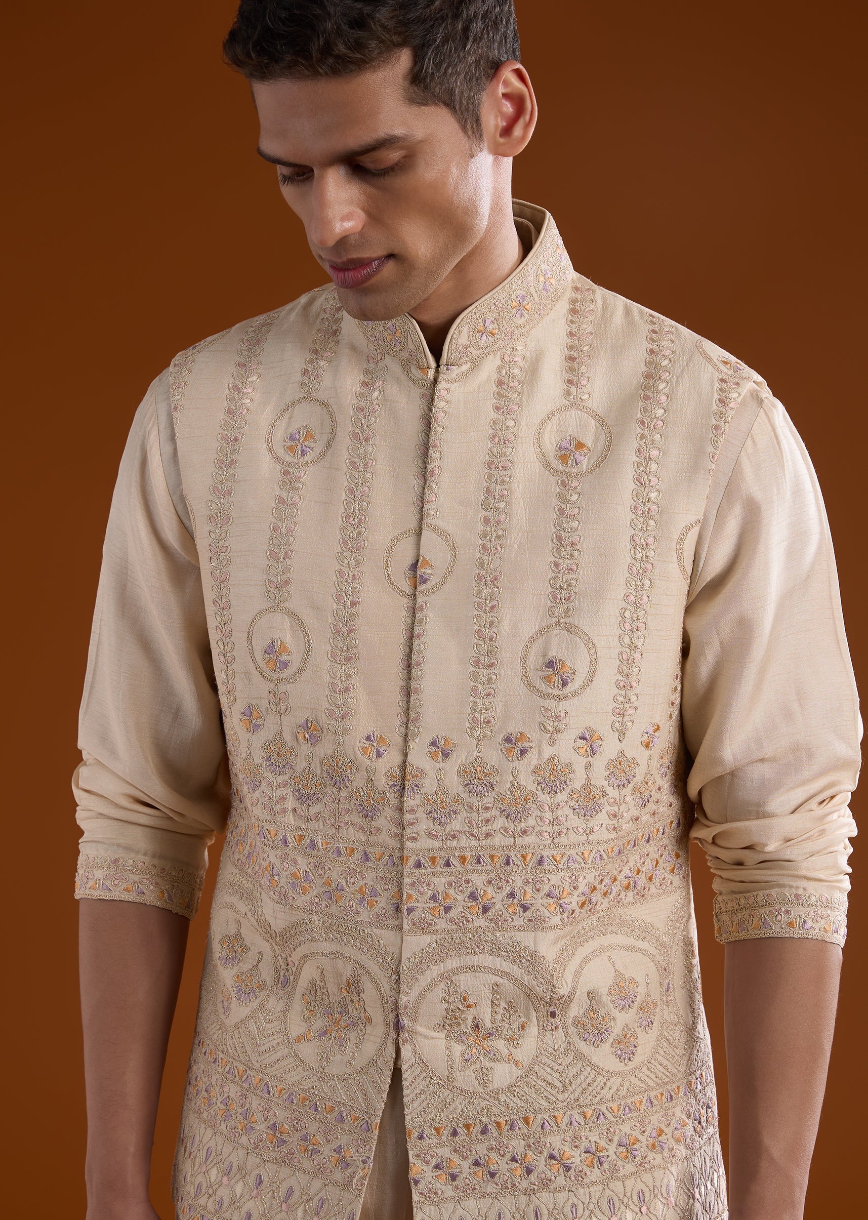 Peach Kurta Jacket Set With Dori And Thread Detail Work - Image 3