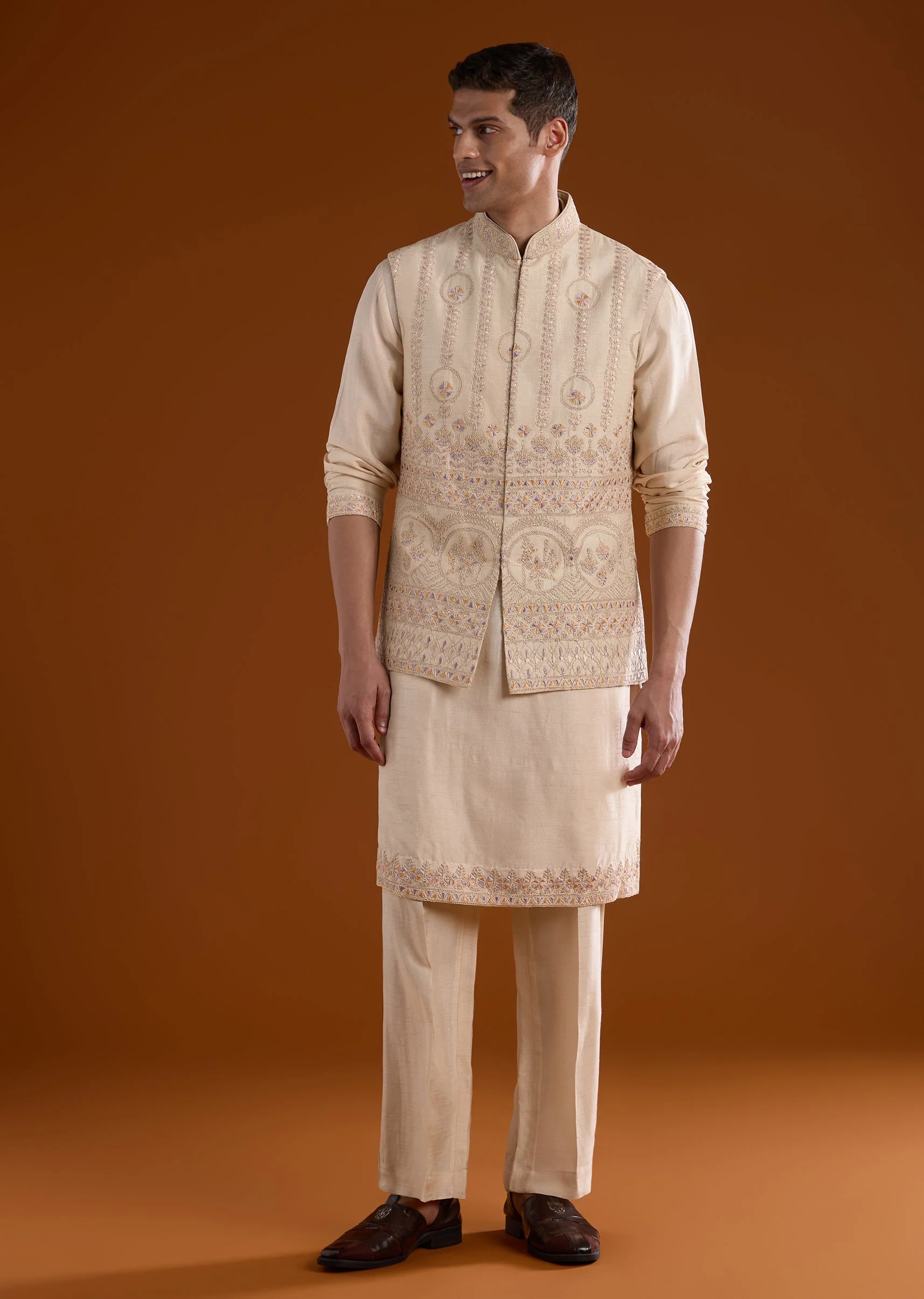 Peach Kurta Jacket Set With Dori And Thread Detail Work - Image 4
