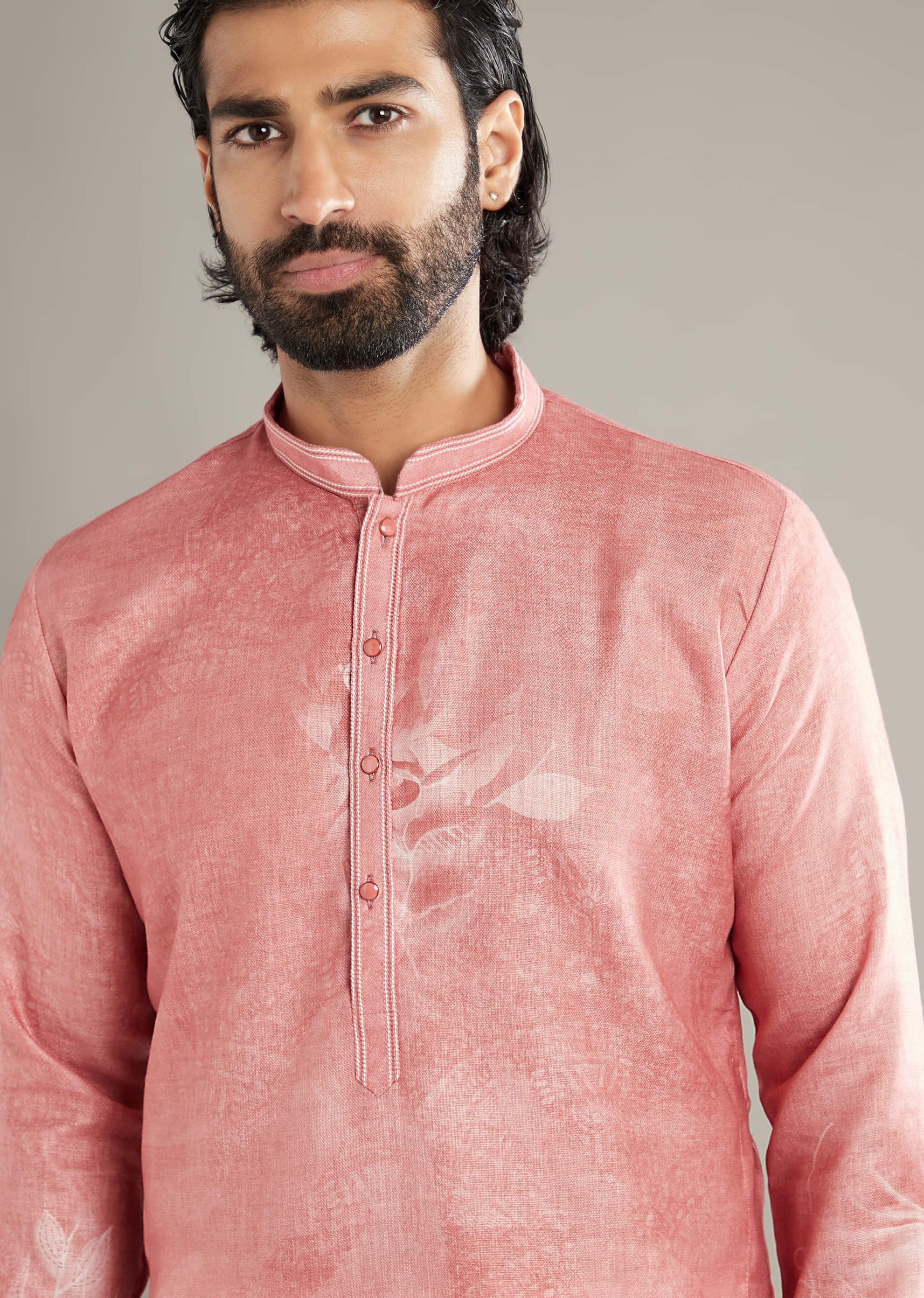 Peach Kurta Set For Men With Floral Print - Image 2