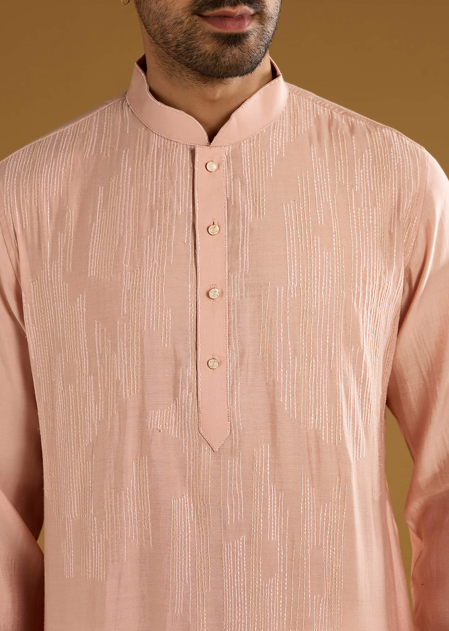 Peach Kurta Set For Men With Thread Embroidery - Image 2