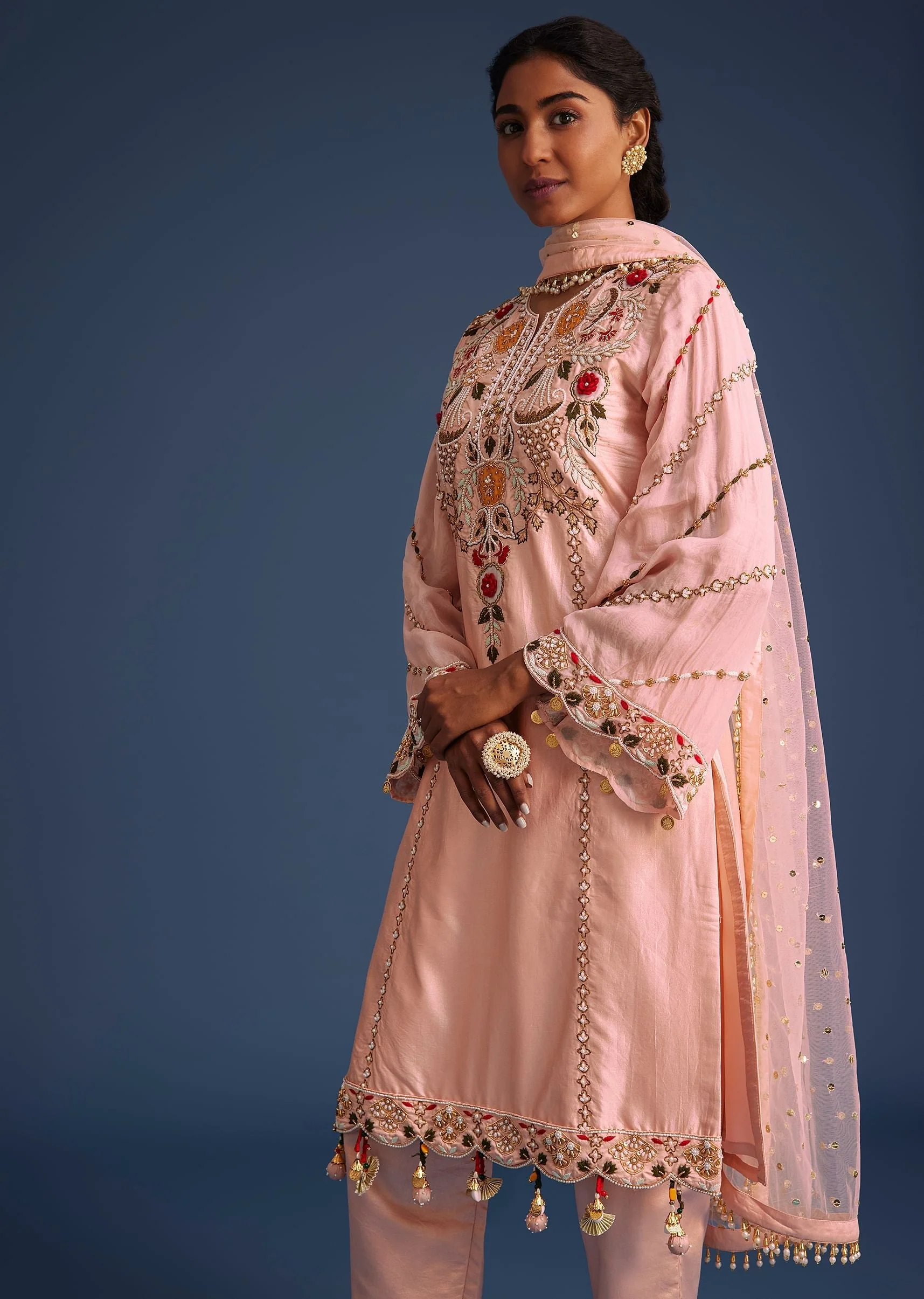 Peach Kurta Set With Zardosi And Sequin Embroidery - Image 4