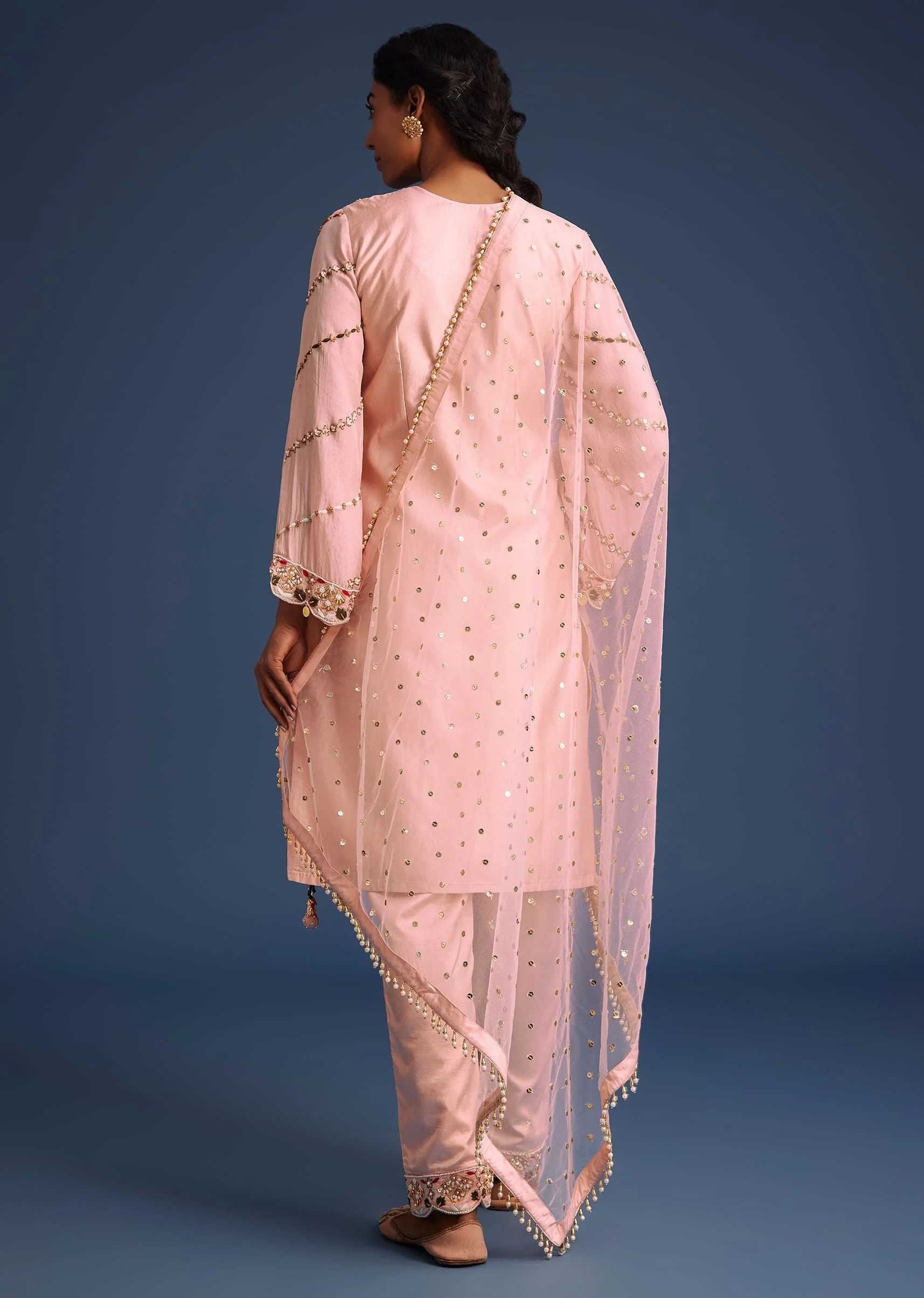 Peach Kurta Set With Zardosi And Sequin Embroidery - Image 5