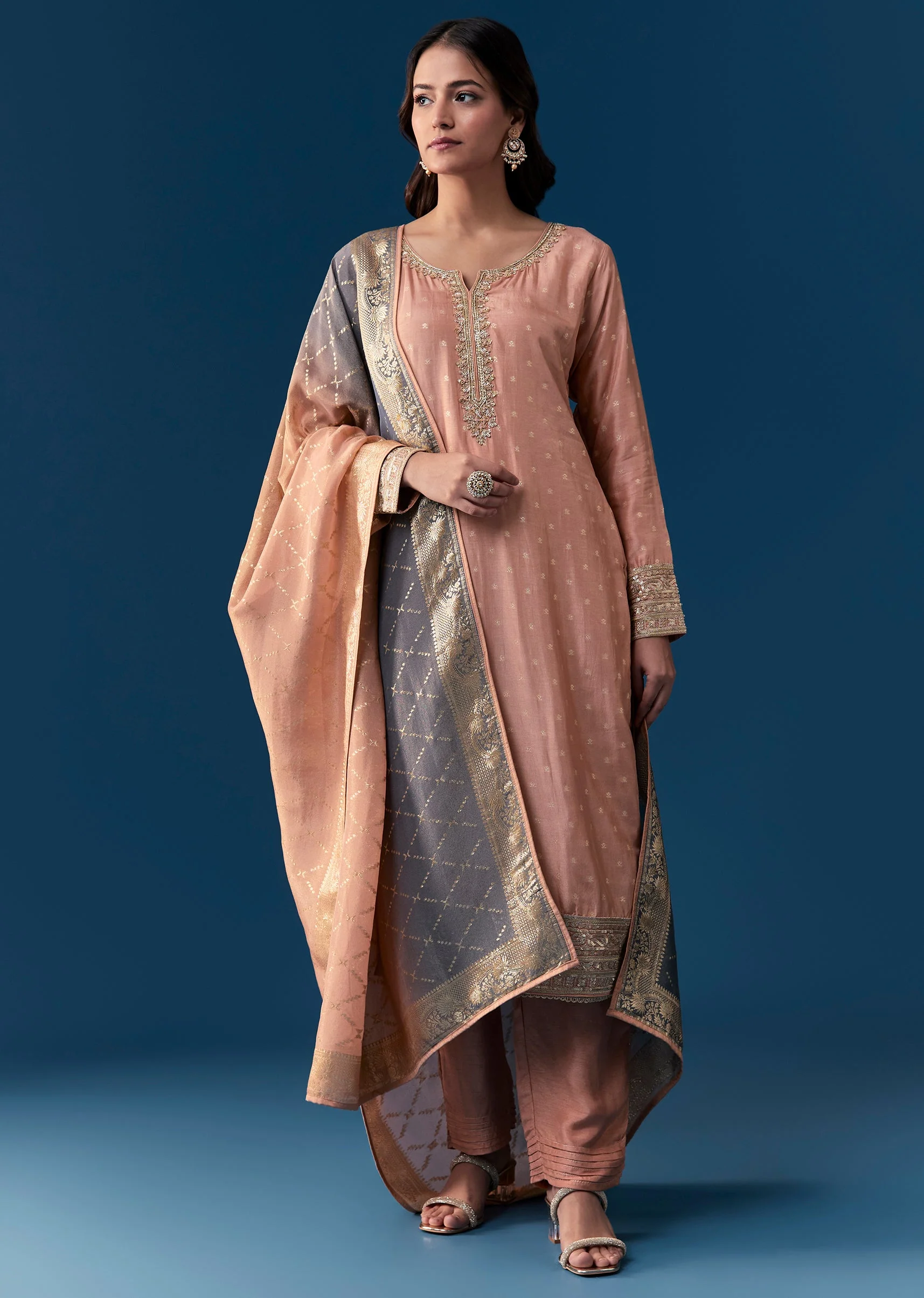 Peach Kurta Set With Zardosi And Sequins Work - Image 3