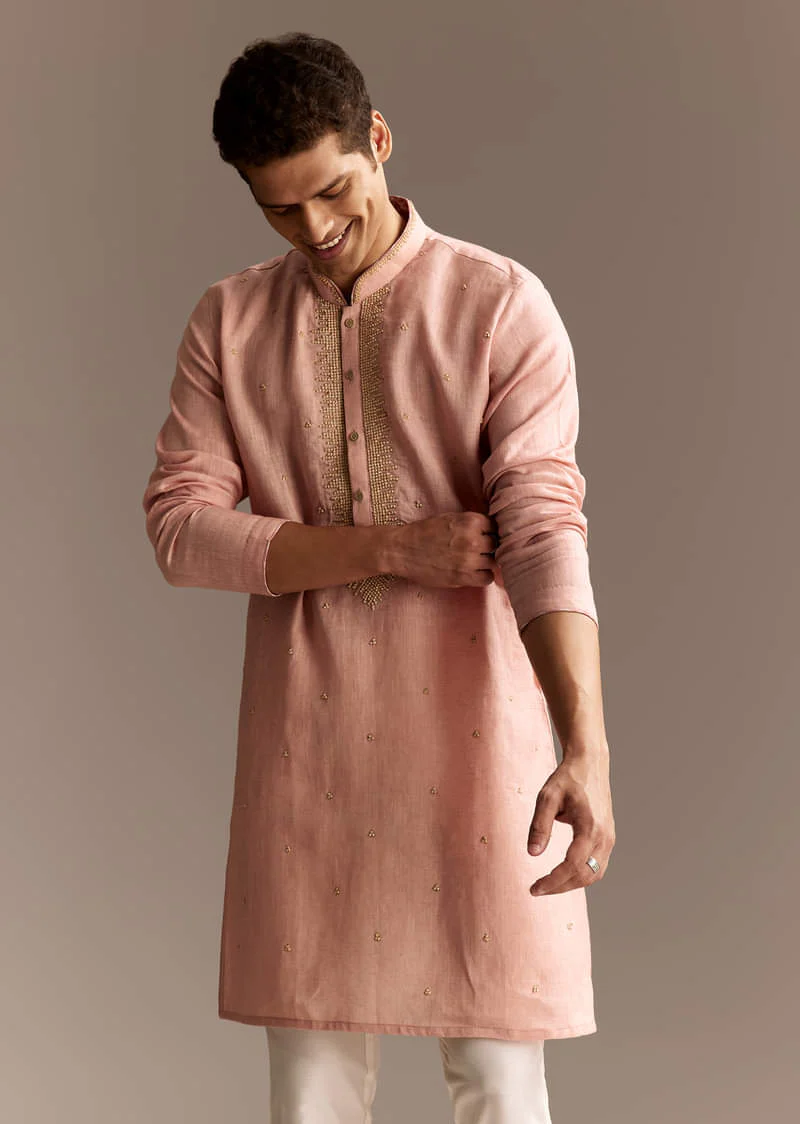 Peach Linen French Knot Kurta Set - Image 3