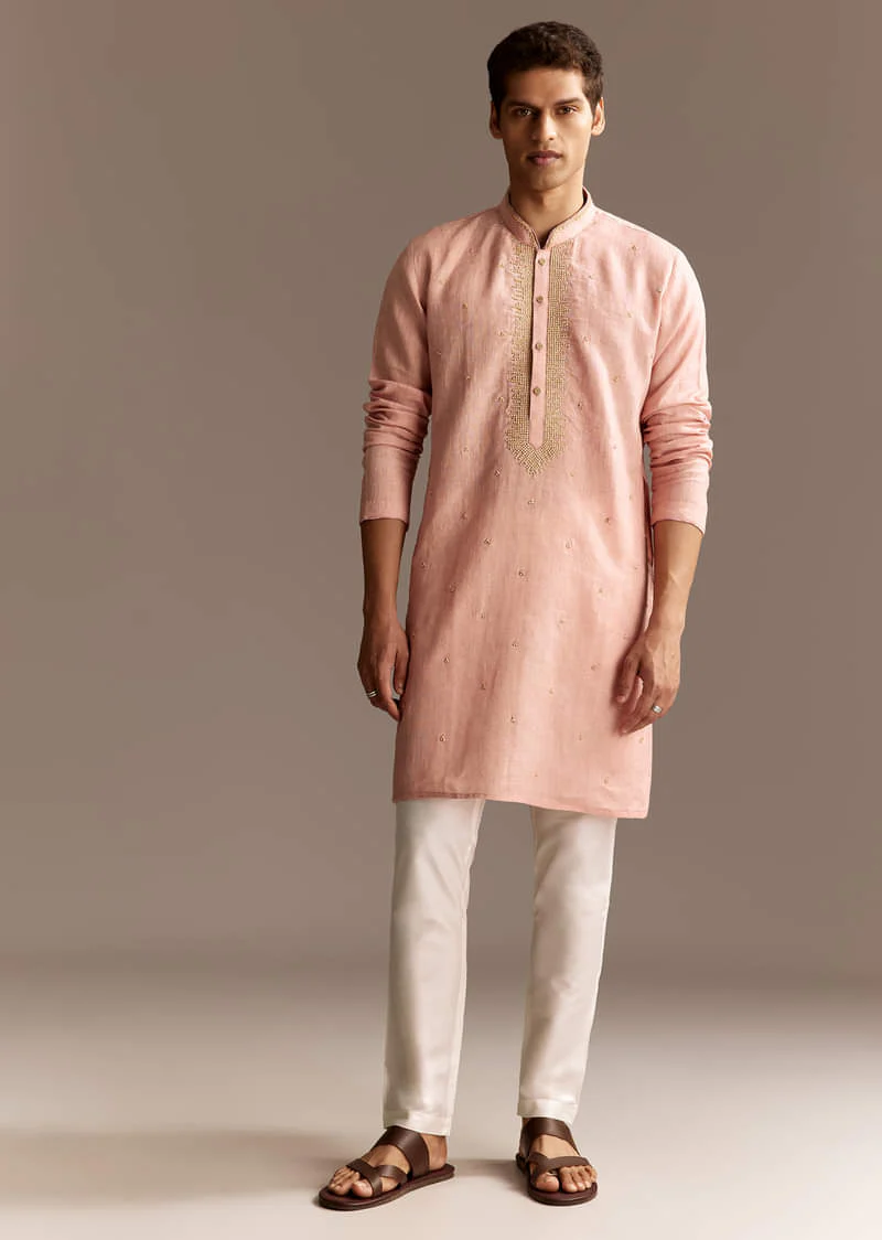 Peach Linen French Knot Kurta Set - Image 4