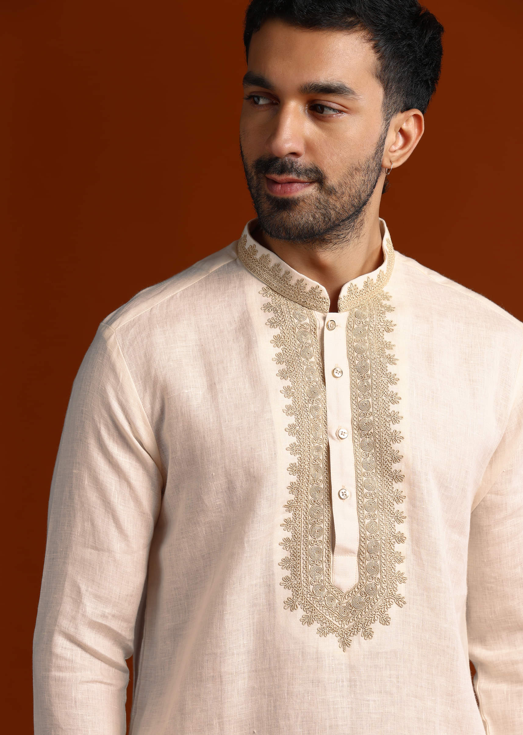 Peach Linen Kurta Set For Men With Intricate Thread Work - Image 3
