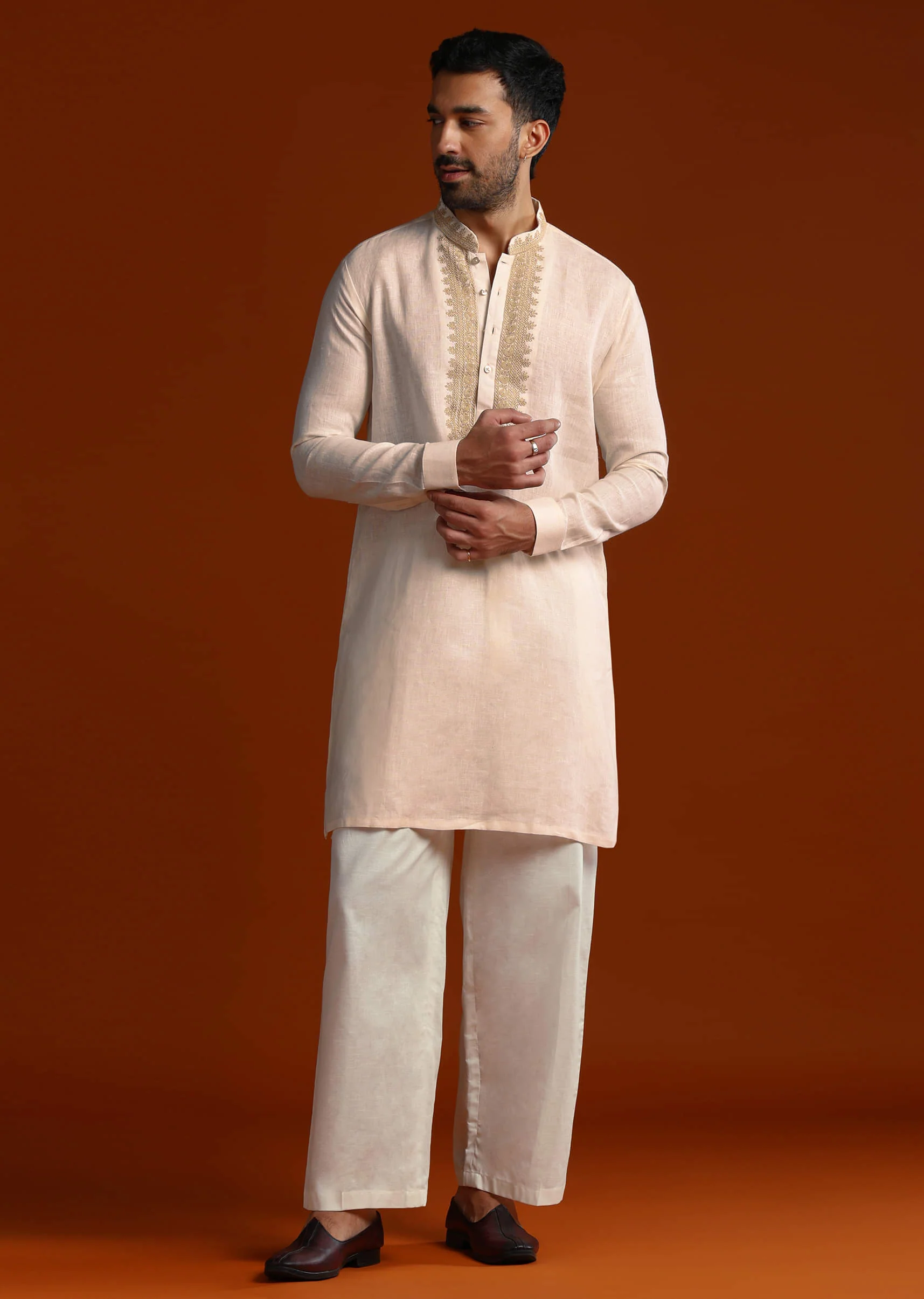 Peach Linen Kurta Set For Men With Intricate Thread Work - Image 4
