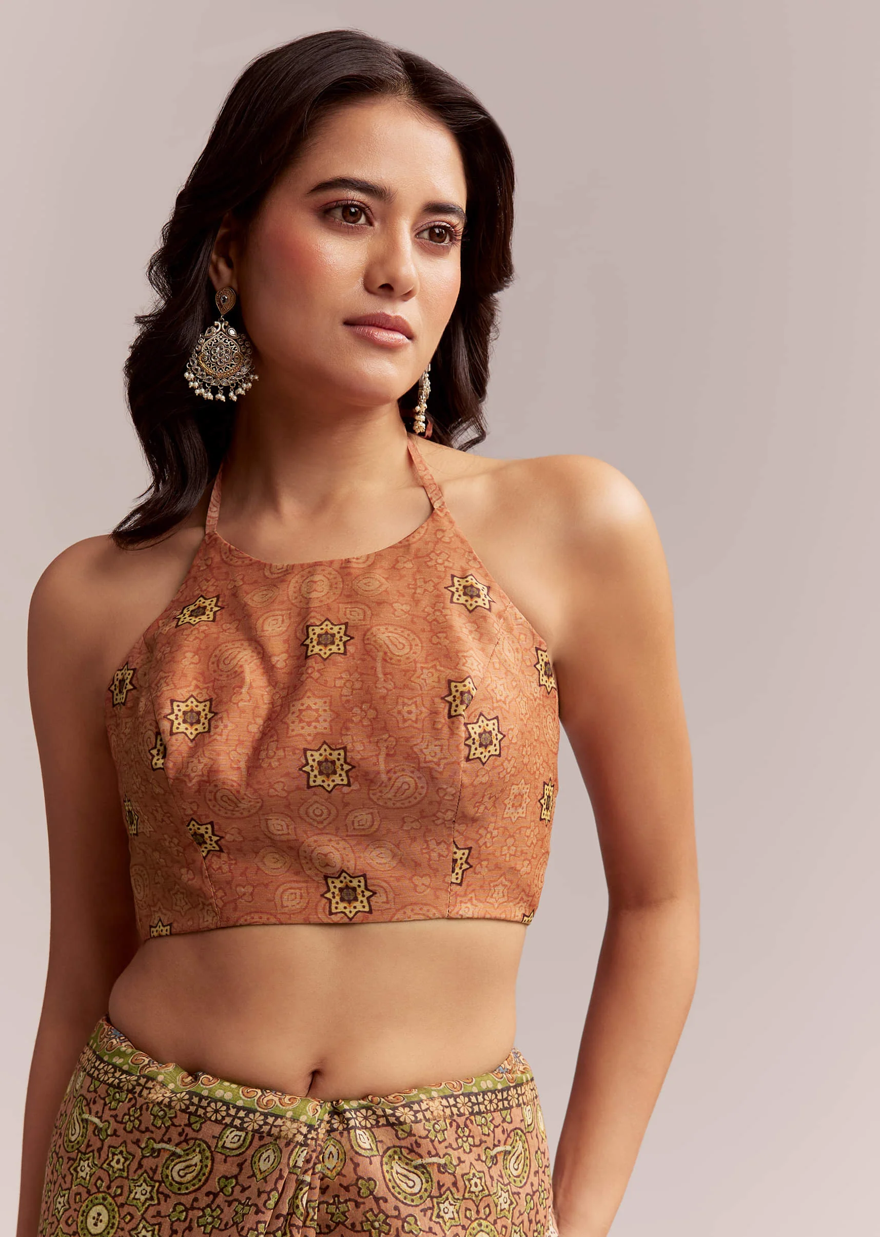Peach Linen Printed Saree With Authentic Ajrakh Work - Image 7