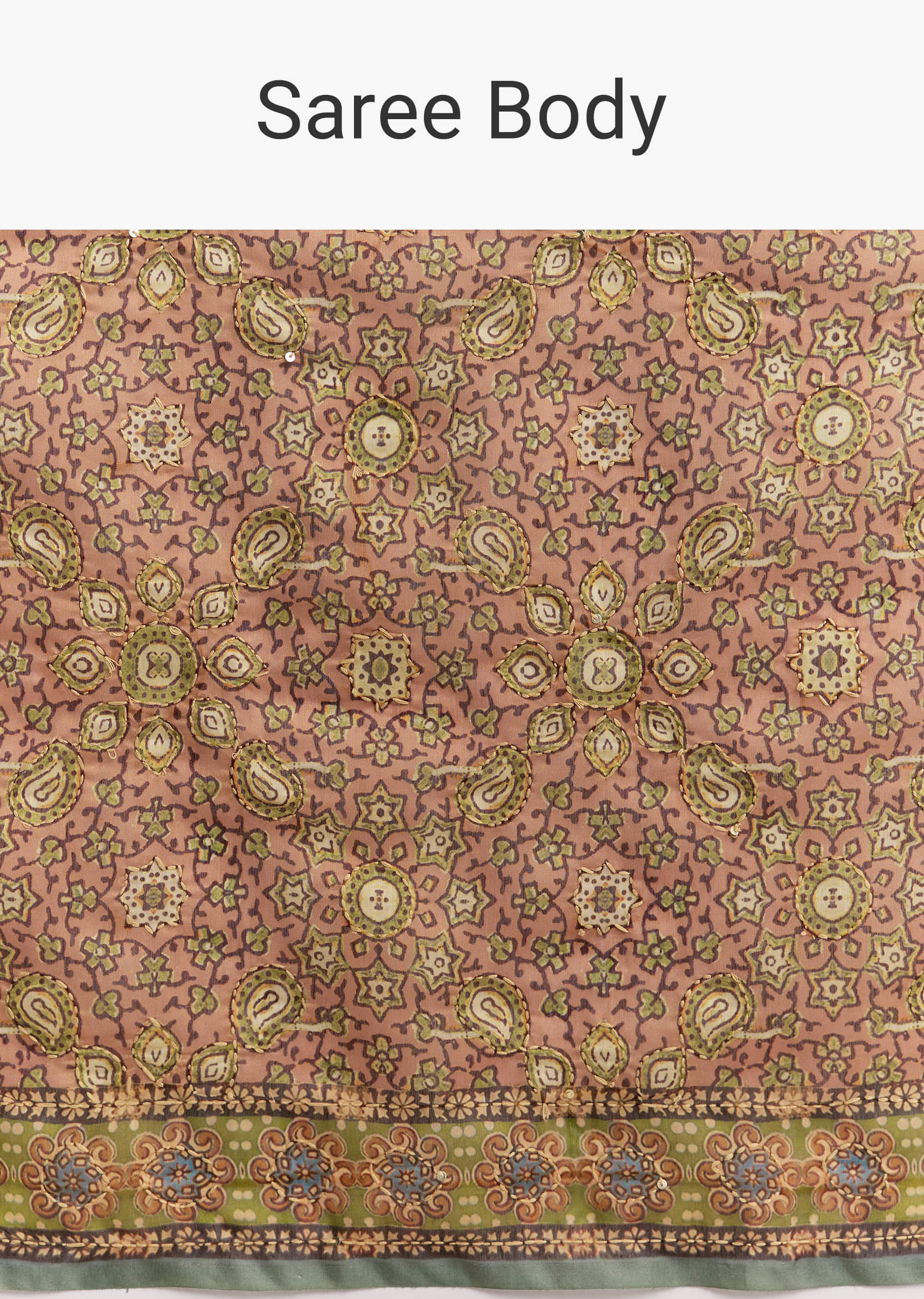 Peach Linen Printed Saree With Authentic Ajrakh Work - Image 9