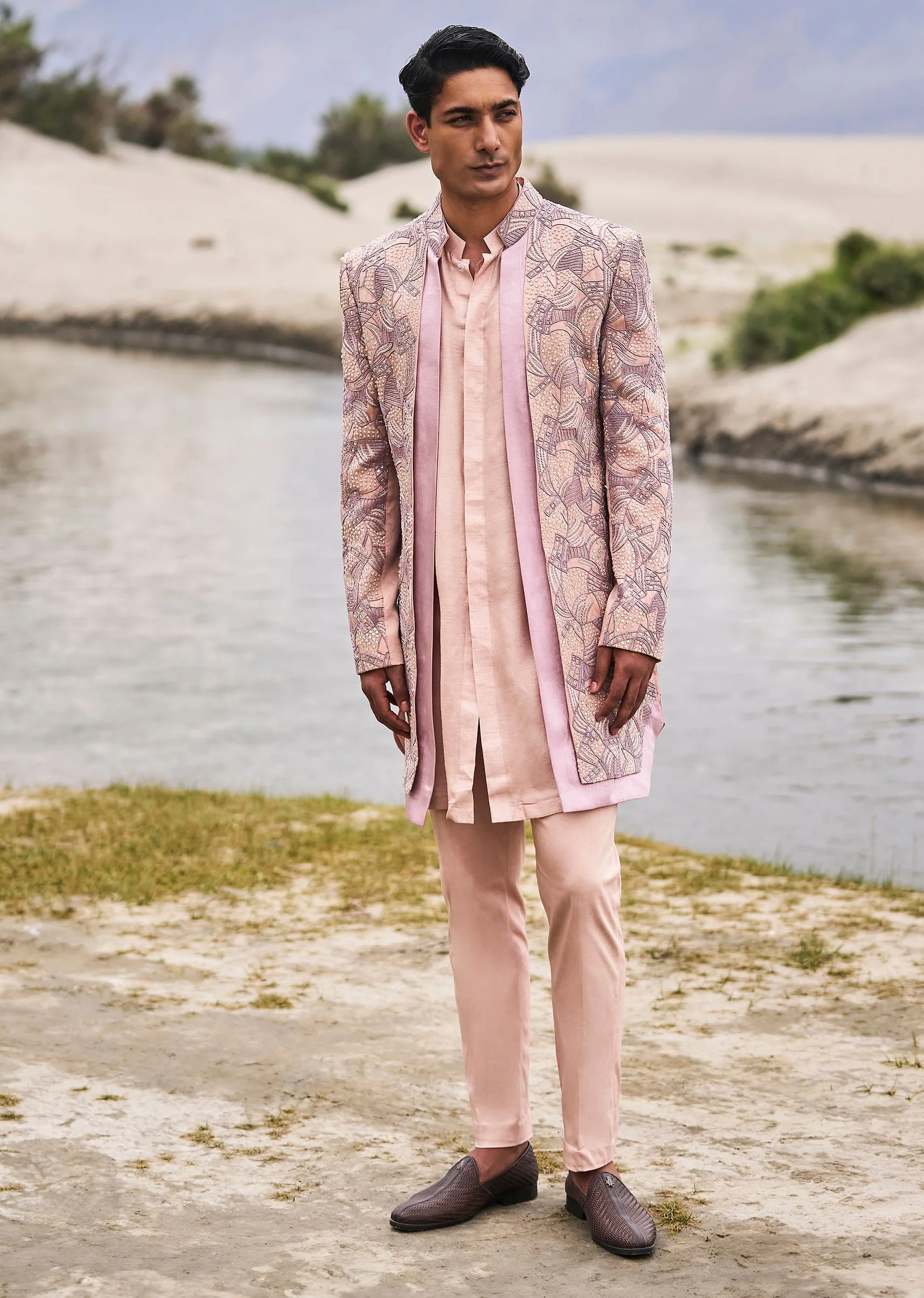 Peach Linen Sherwani With Hand Embroidery