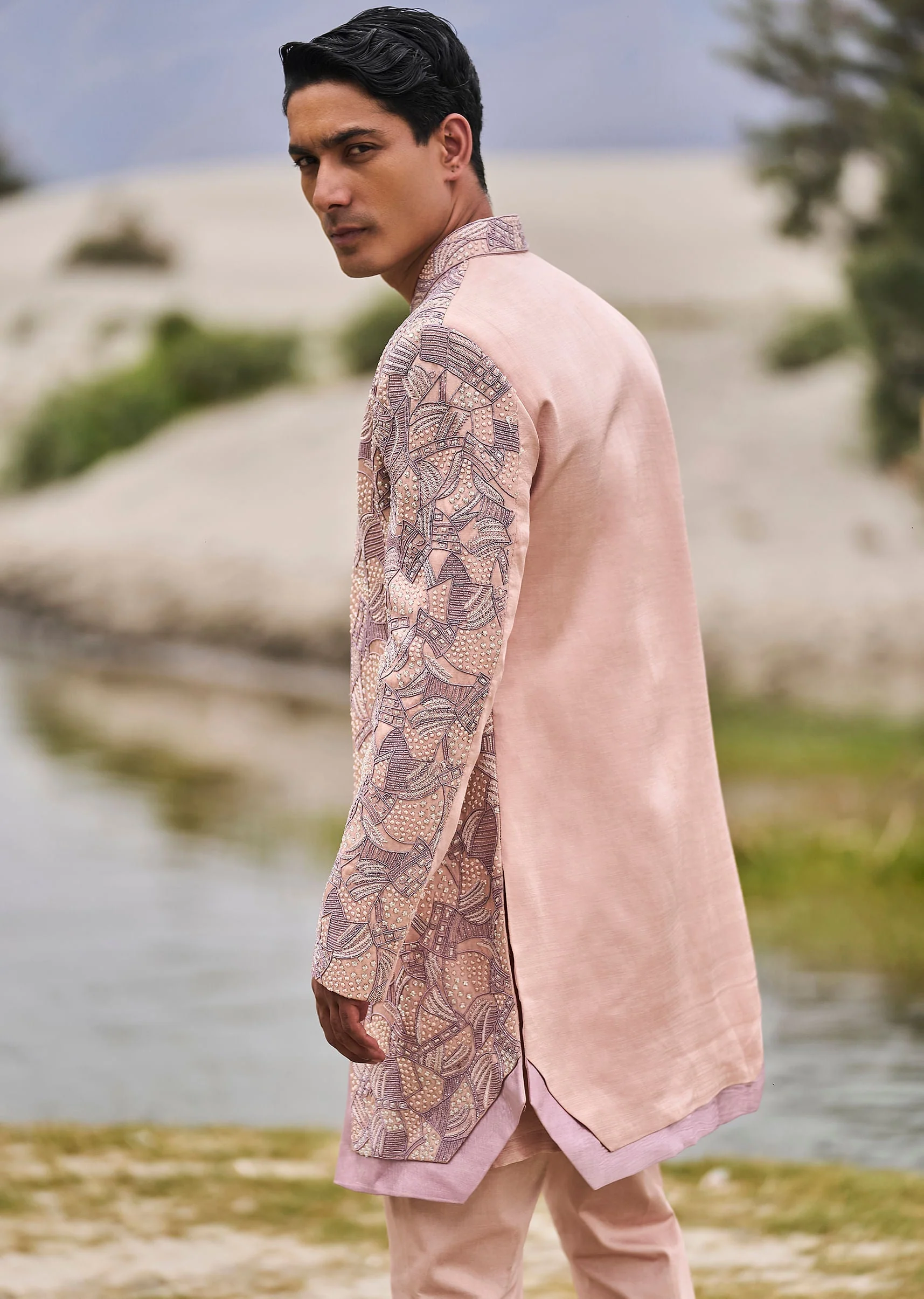 Peach Linen Sherwani With Hand Embroidery - Image 3