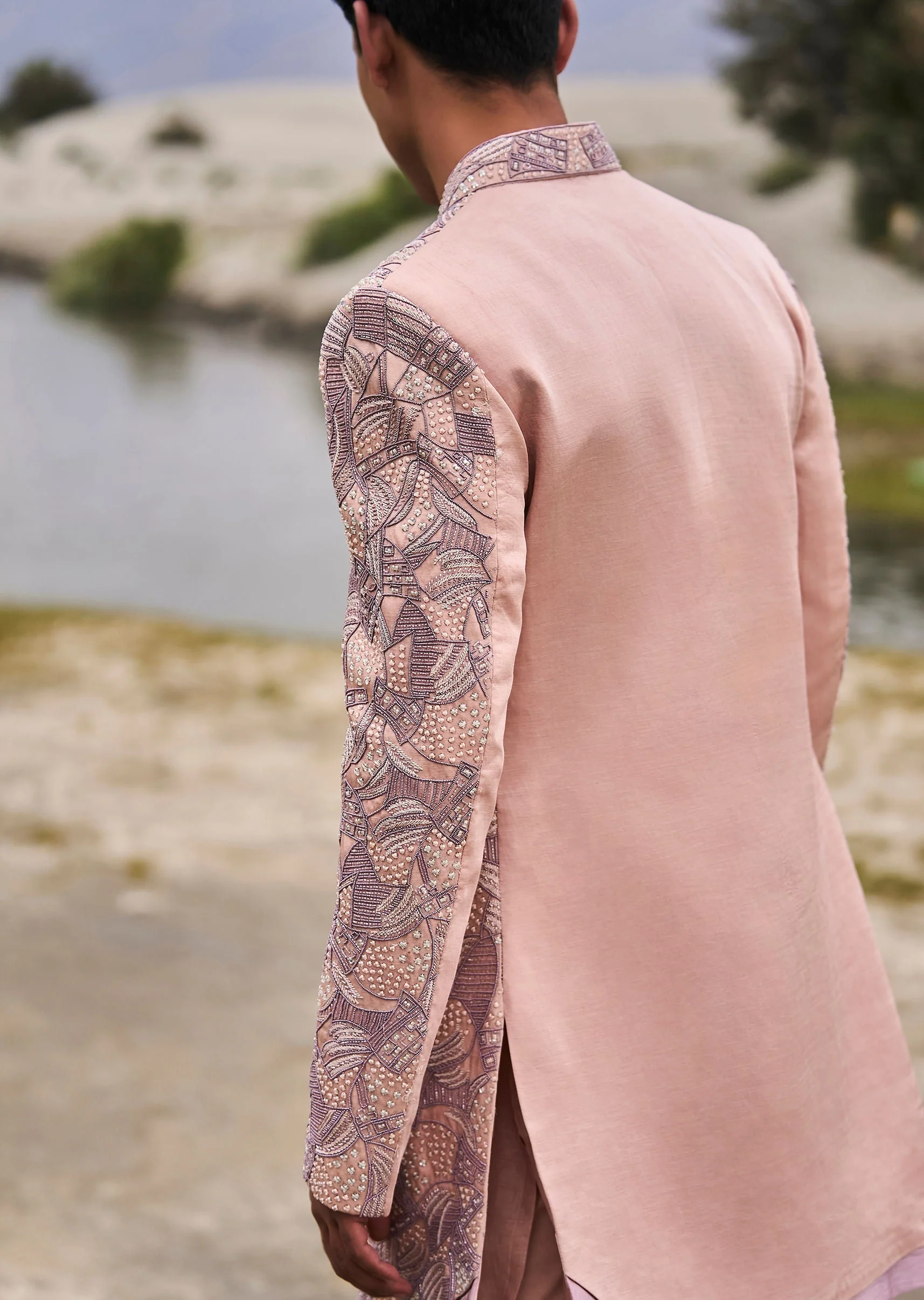 Peach Linen Sherwani With Hand Embroidery - Image 5
