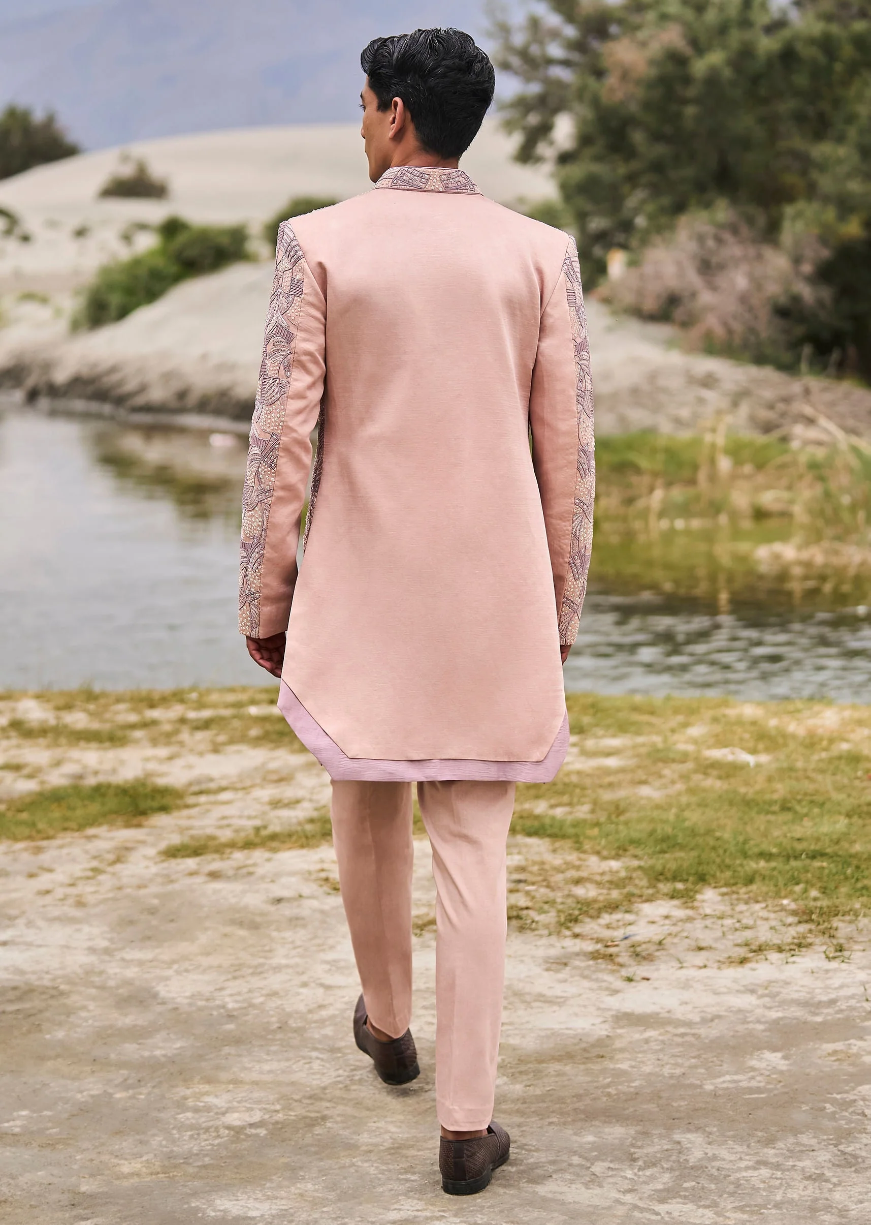 Peach Linen Sherwani With Hand Embroidery - Image 6