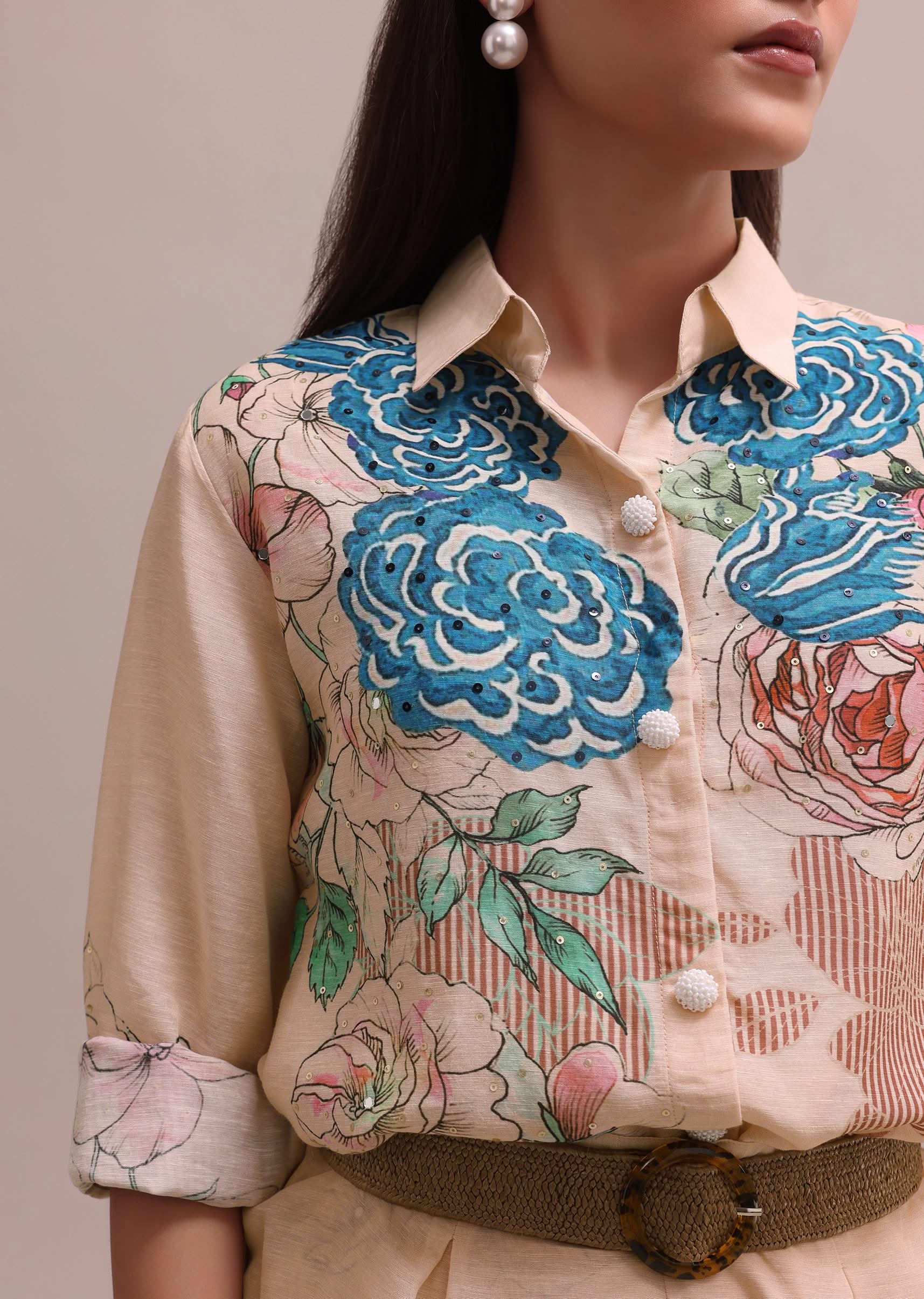 Peach Linen Summer Co-ord Set With Floral Stripe Print Kurta And Pants - Image 2