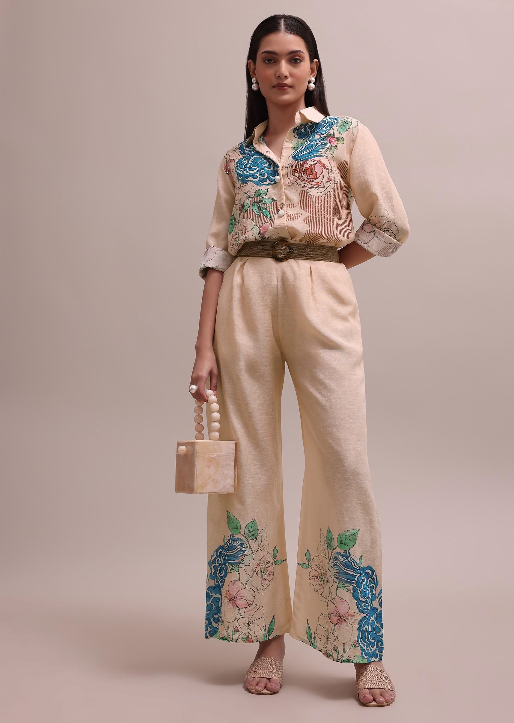 Peach Linen Summer Co-ord Set With Floral Stripe Print Kurta And Pants - Image 3