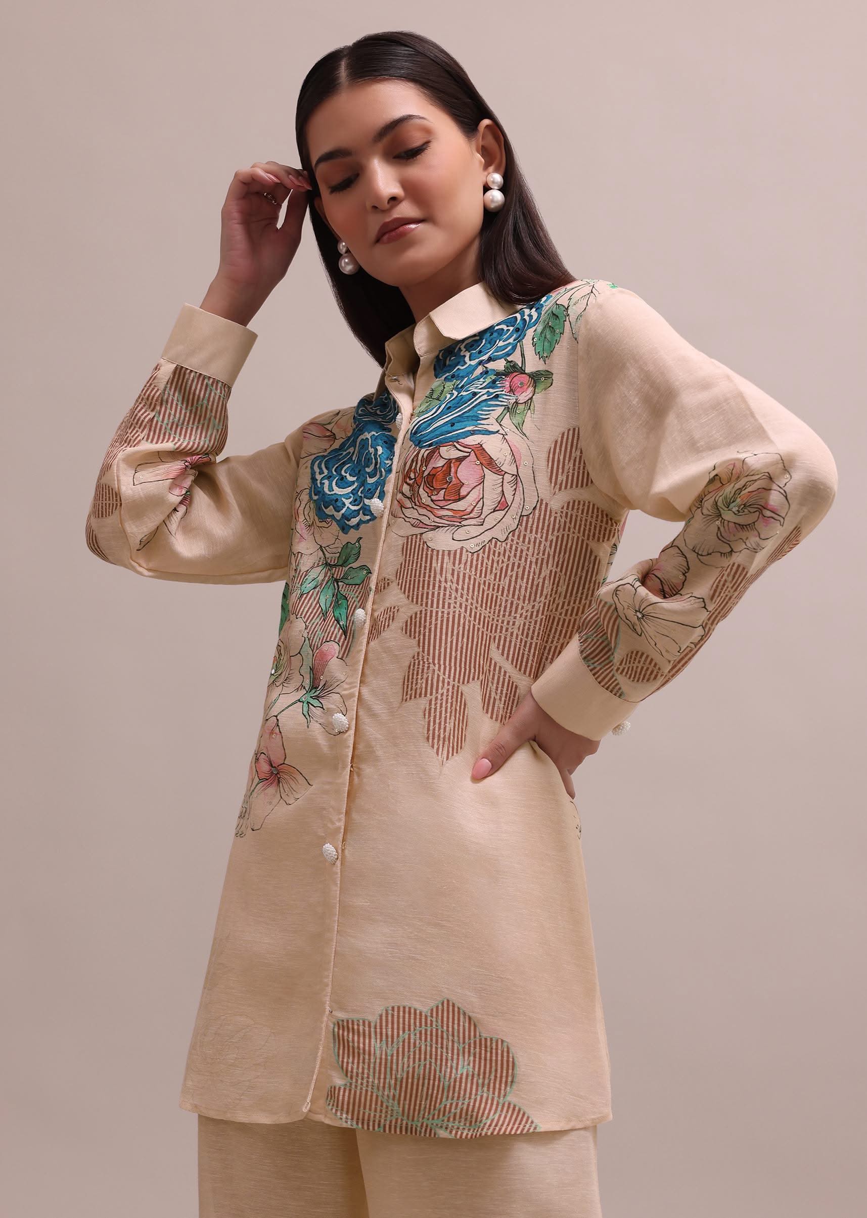 Peach Linen Summer Co-ord Set With Floral Stripe Print Kurta And Pants - Image 5