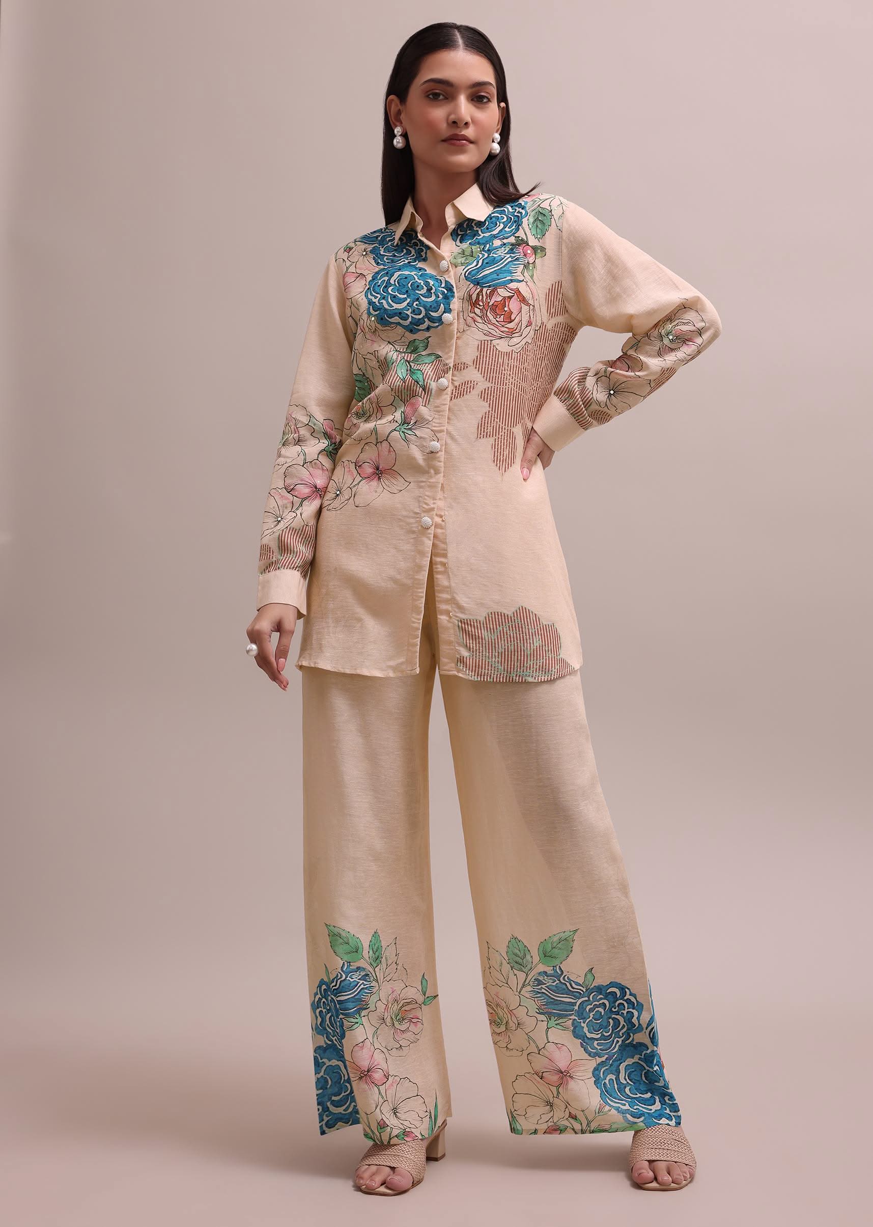 Peach Linen Summer Co-ord Set With Floral Stripe Print Kurta And Pants - Image 6