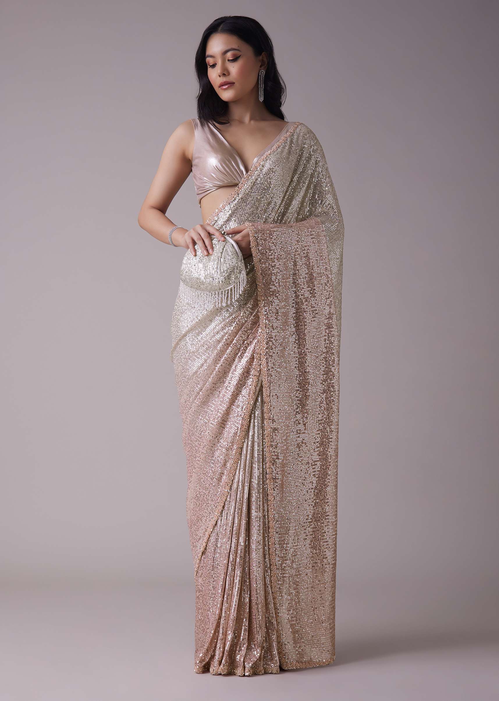 Peach Pink And Silver Toned Sequins Saree With An Embellished Border - Image 4