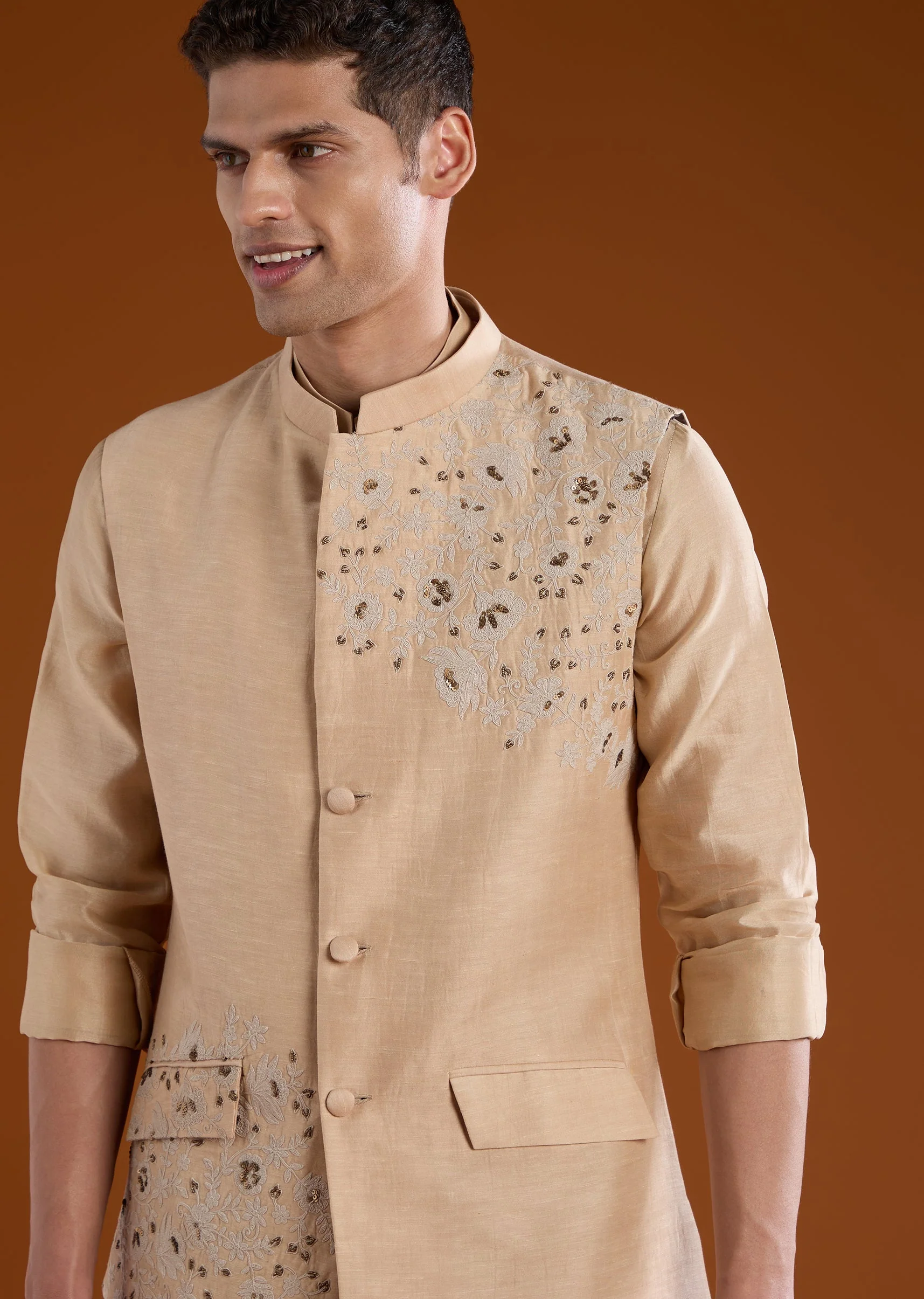 Peach Mens Chanderi Jacket and Kurta Set - Image 2