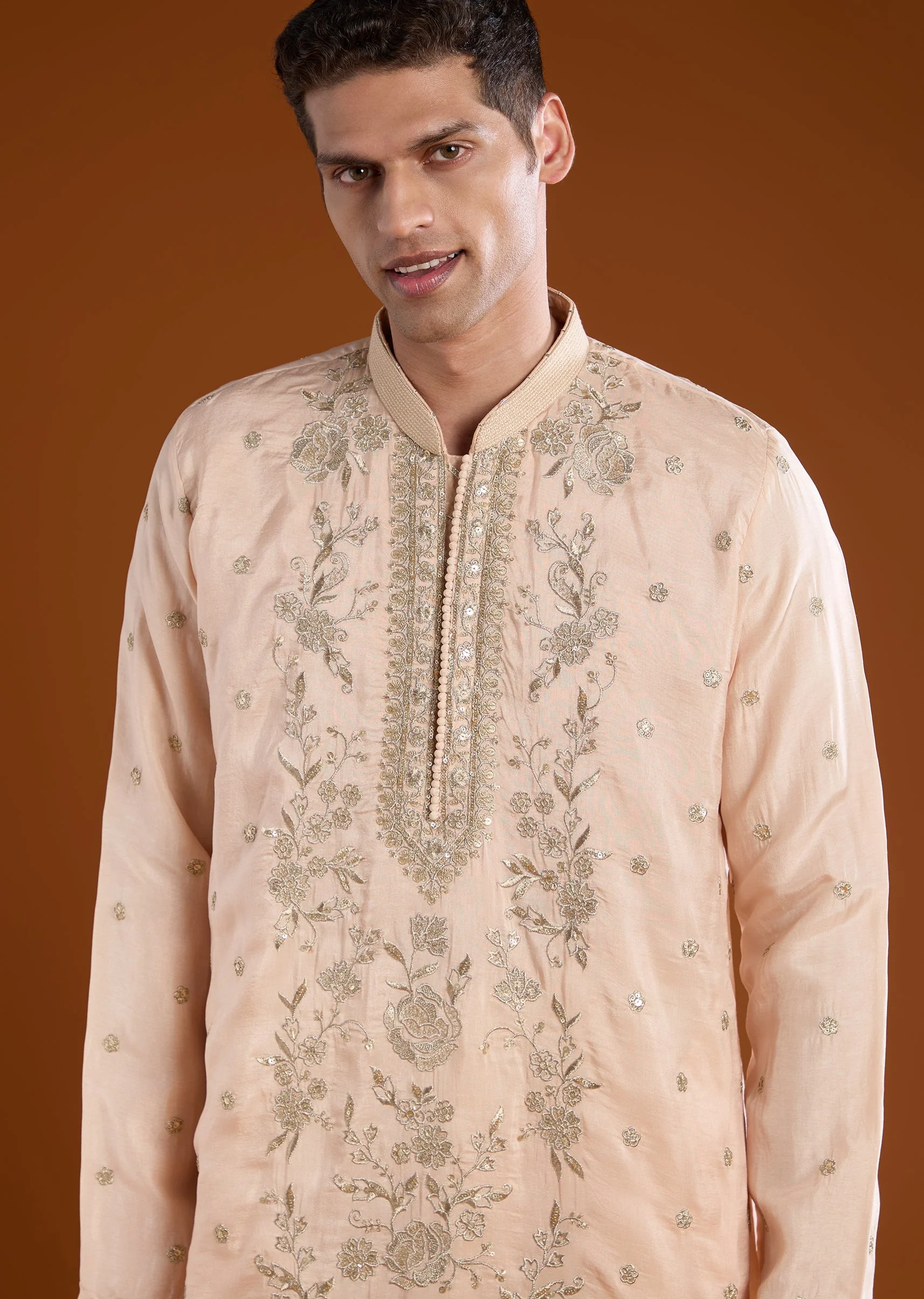 Peach Mens Rawsilk Kurta Pant Set - Image 2