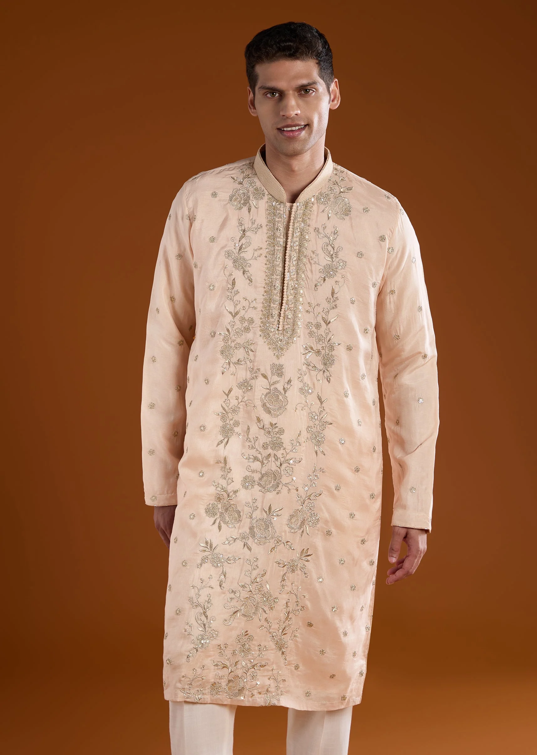 Peach Mens Rawsilk Kurta Pant Set - Image 4