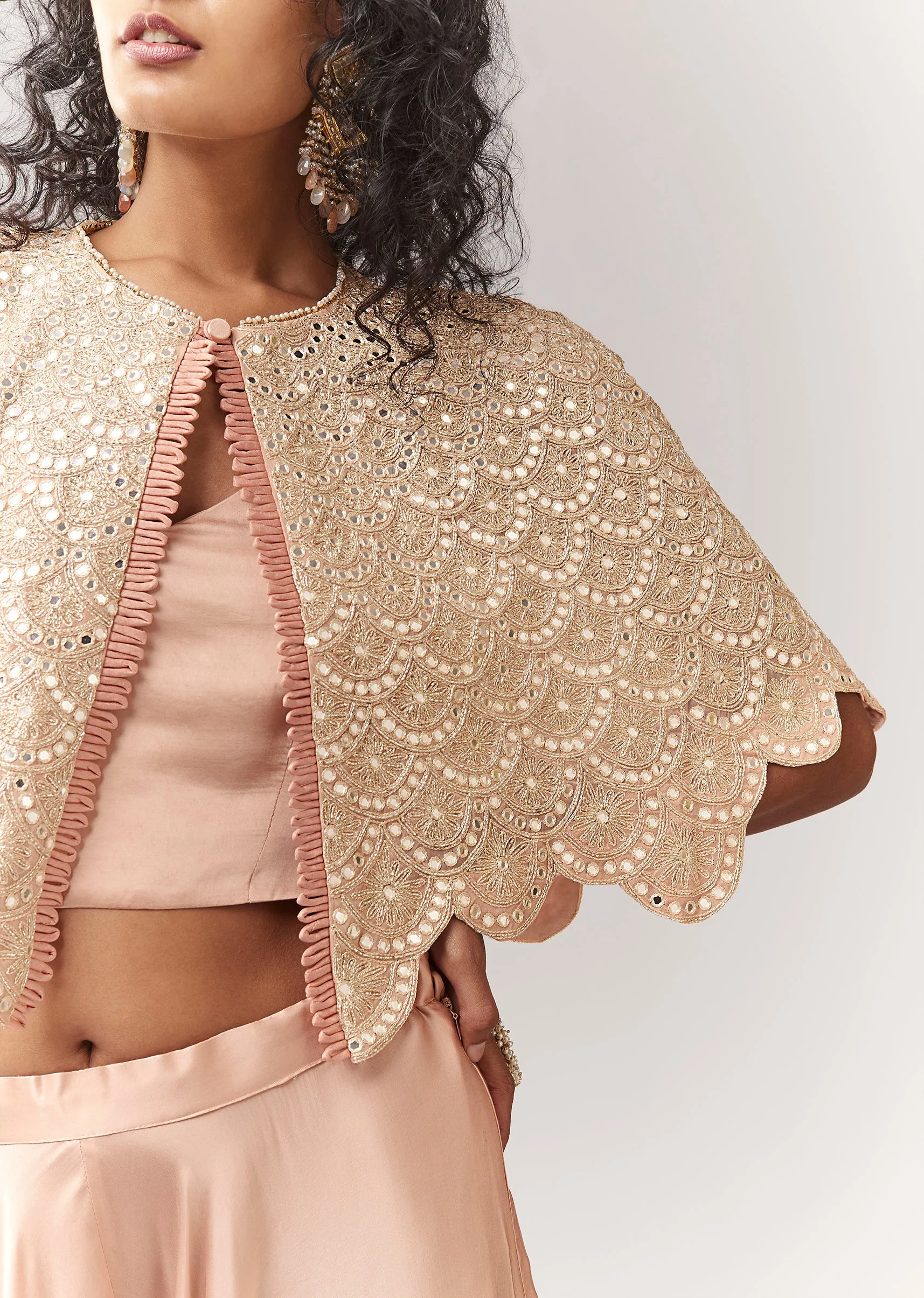 Peach Mirror And Cutdana Work Cape Set With Palazzo - Image 2