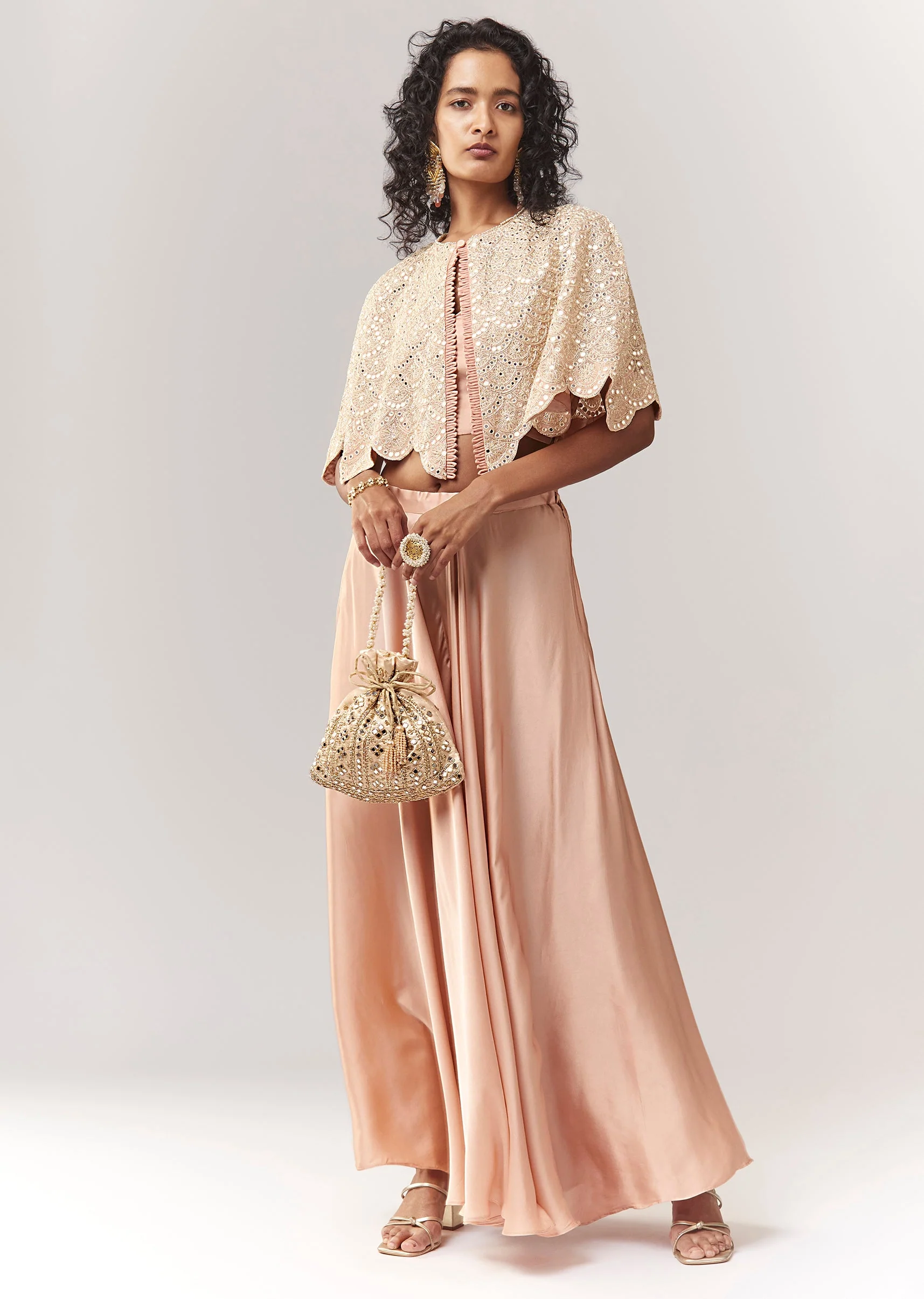 Peach Mirror And Cutdana Work Cape Set With Palazzo - Image 3