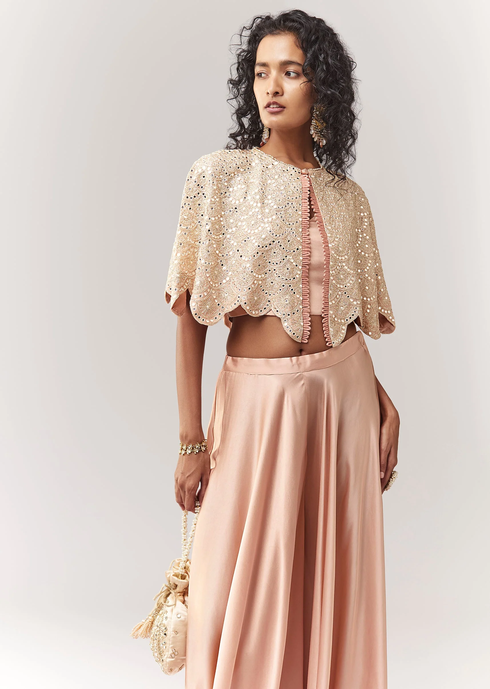 Peach Mirror And Cutdana Work Cape Set With Palazzo - Image 4