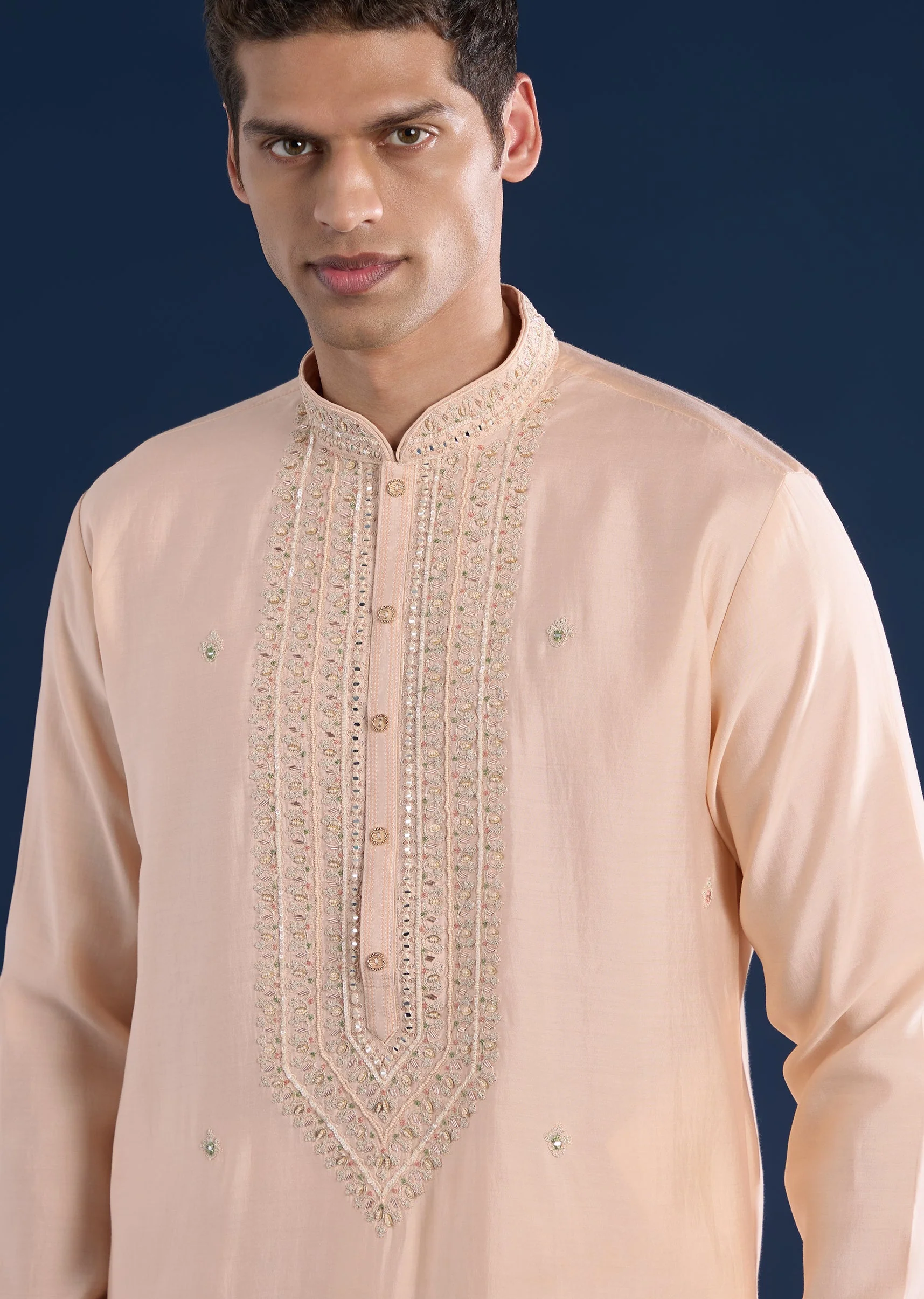 Peach Mirror Embellished Kurta Set