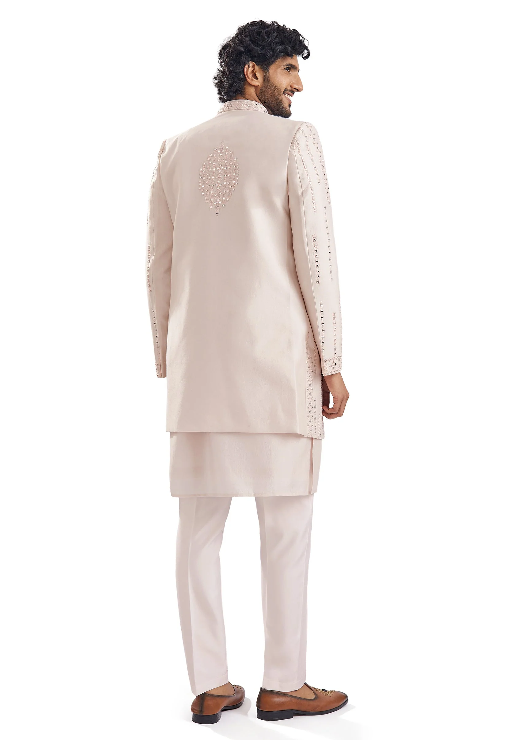 Peach Mirror Work Groomsman Sherwani - Image 6